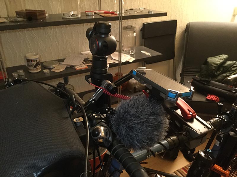 Osmo mounted on my handlebars, Røde Video Micro and iPhone SE attached.