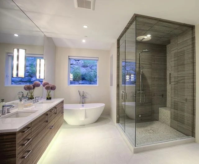 It's hard not to picture a candle-lit bubble bath, glass of Prosecco in hand when you walk through the French doors to this master bathroom. #basalt #colorado #home #house #architecture #design #architecturaldesign #interiors #interiordesign #housego