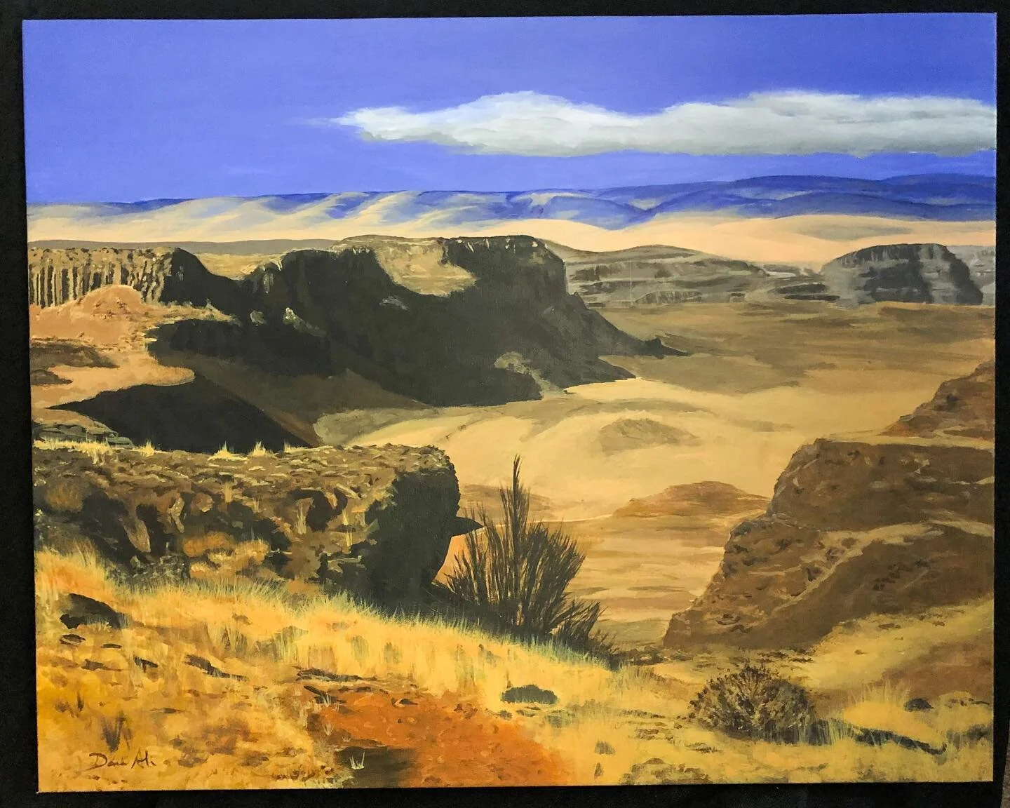 The scene took my breath away while on a hike, and I had to paint it. 4 months later and it&rsquo;s finally done! Ancient Lakes, WA (2.5ft x 2ft acrylic on canvas)
