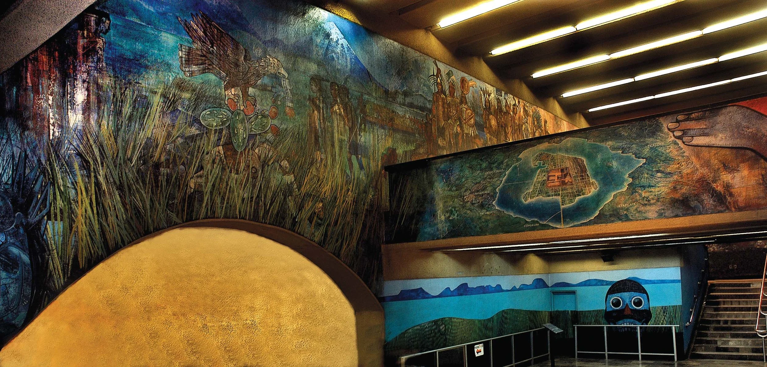 Del Codice al mural , Sistema de transporte colectivo Metro, estación Tacubaya, acrílico/fibria de vidrio, ciudad de Mexico, 700 metros cuadrados, 1986. From the codex to the mural , Subway Public Transport System Metro, tacubaya Station, acrylic/fiberglass, Mexico City, 700 square meters, 1986.