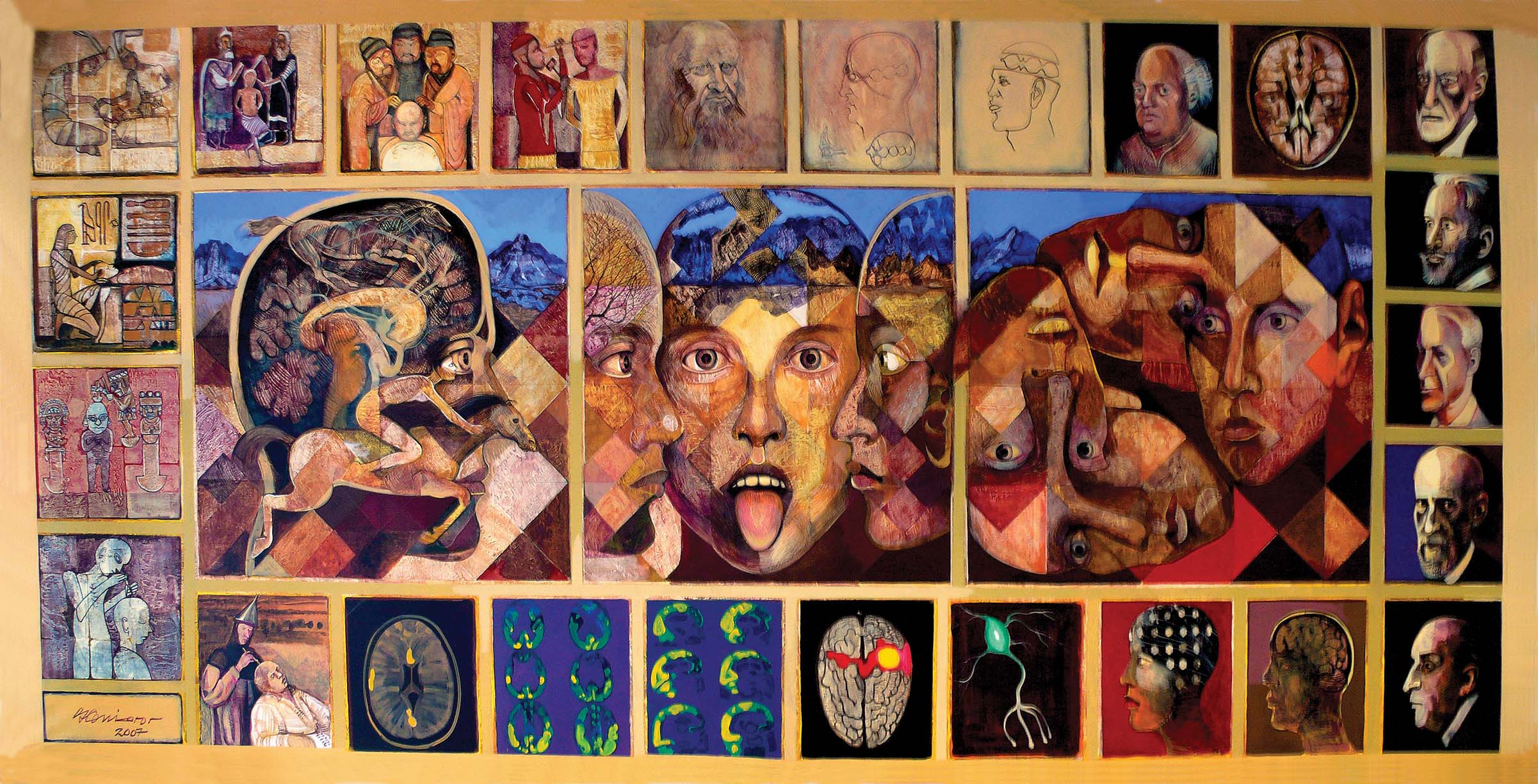 Breve historia de la neurología , acrílico/tela, Instituto Nacional de Neurología, Ciudad de Mexico, 18 metros cuadrados, 2007. Brief history of neurology , acrylic/canvas, National Institute of Neurology, Mexico City, 18 square meters, 2007.