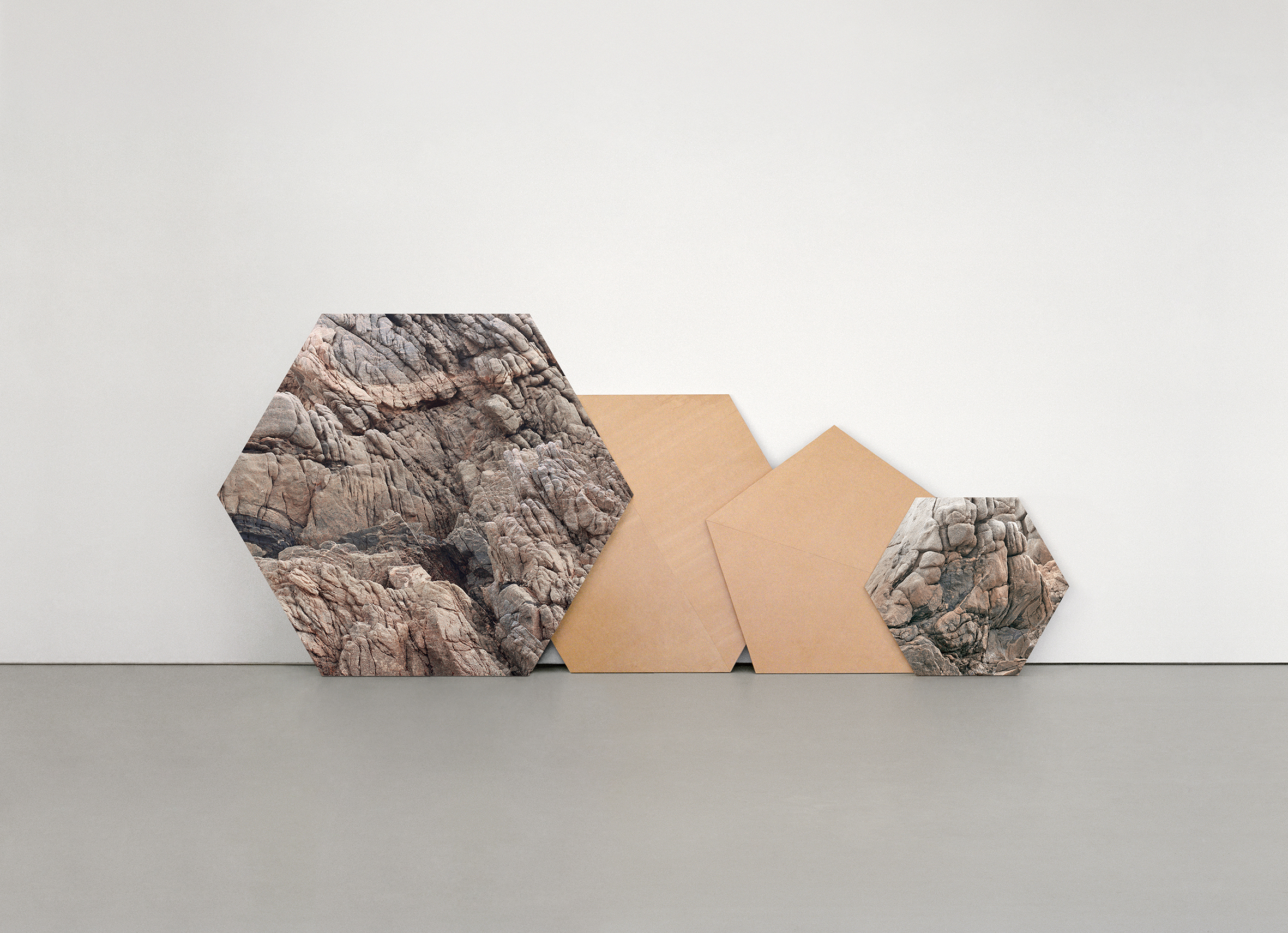   Andrea Galvani © 2005/2015,   Deconstruction of a Mountain #0,   Installation detail at Curro y Poncho, Gudalajara, Mexico.   Infinitely reconfigurable sculpture, Archival pigment print mounted on weather treated MDF, 13 architectural elements, dim