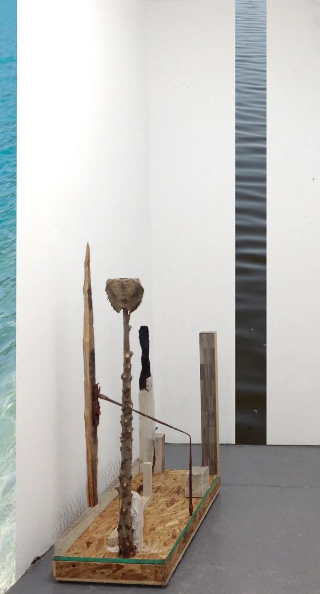 Daria Irincheeva © 2015/2016 , Ritualized Aggression . Wood, cement, found crate, found rubber, found plastic, found rusted metal objects, metal bird spikes, coal, linoleum tile samples, plexiglass, found dried horseshoe crab part, print on paper . 138 x 83 x 73 in (variable). Courtesy of the artist.