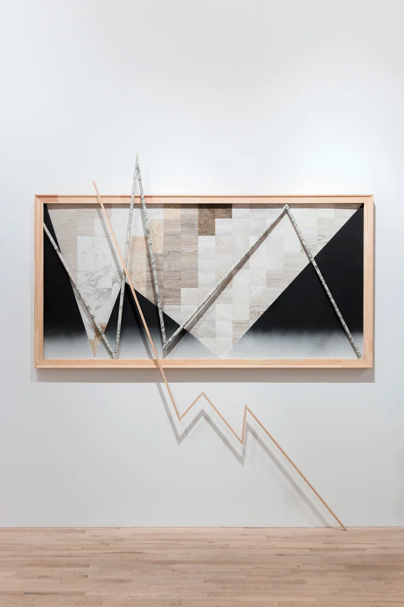 Daria Irincheeva © 2014 , Making a Budget at 11am . Linoleum tiles, wood, spray paint, canvas, paper . 78 x 87 x 2 in. Courtesy of the artist.