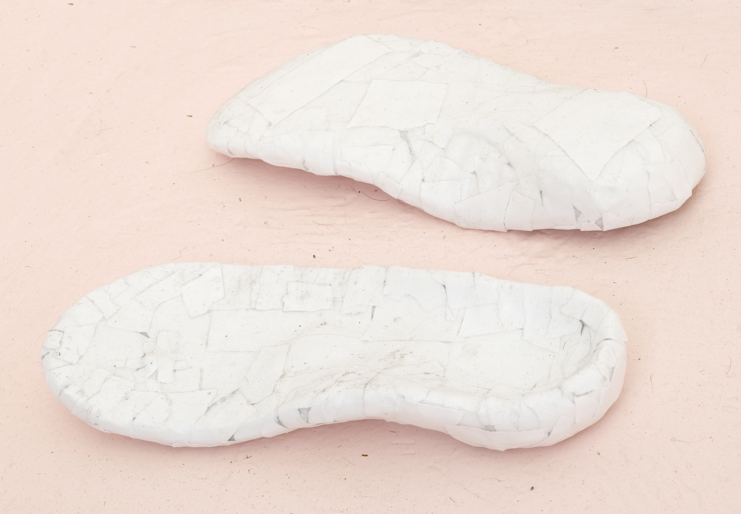   Catherine Czacki © 2015 ,  Contour Mimic . Orthopedic sandals, papier mache - fabric, acid free paper, PVA glue. 10 x 3 x 10 in. *Accompanied by text: OBJSUBJ. Courtesy of the artist. Photo: Office Hours and Jeff Mclane. 