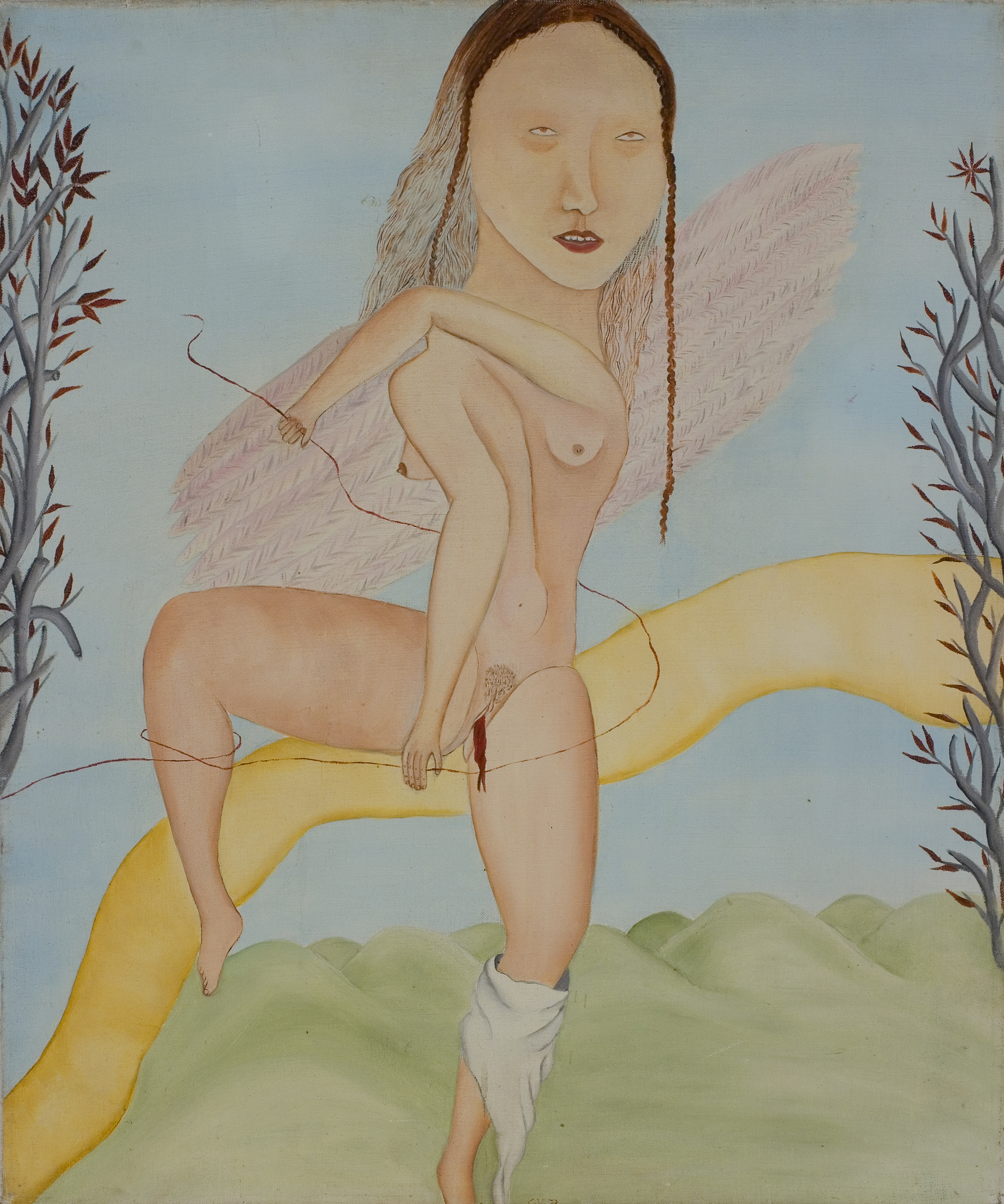   Cecilia Vicuña © 1973 ,  Angel de la menstruación . Oil on canvas. 22.75 x 19 in. Courtesy of the artist. 
