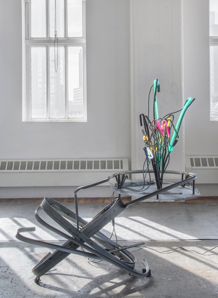   JO NIGOGHOSSIAN © 2015.   Spring Flowers . Steel, neon, transformers, GTO cable, electric cable, 48 x 43 x 20 inches, COURTESY OF THE ARTIST 2015 