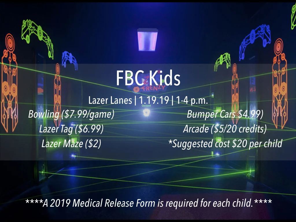 Are you a parent of elementary-aged kiddos? Bring the family and join us for a trip to Lazer Lanes. More info available via our Facebook page.