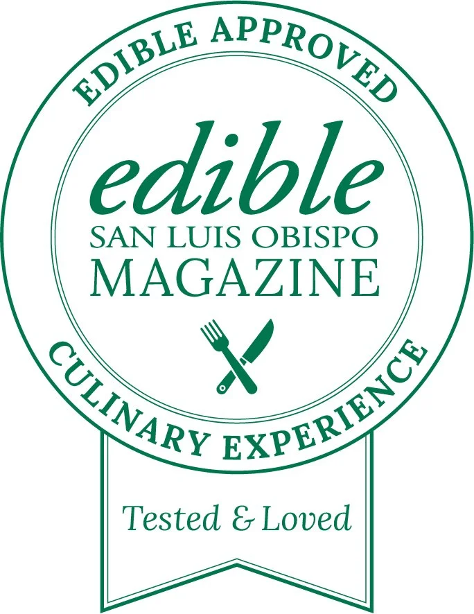 Seal for Edible Magazine San Luis Obispo with a fork and knife icon, stating 'EDIBLE APPROVED,' 'CULINARY EXPERIENCE,' and 'Tested & Loved'.