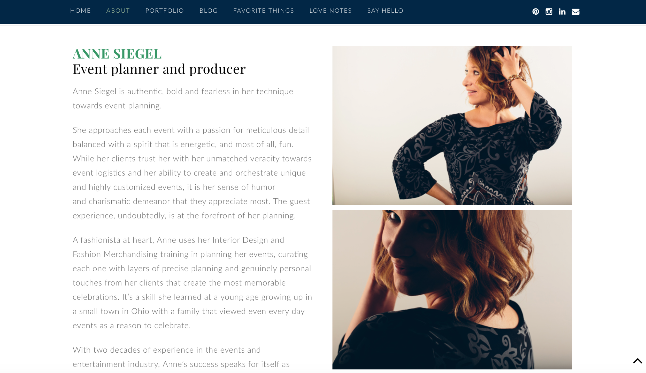 The fun side of Anne's brand is really highlighted in the voice throughout her website, especially brought to life on her "About" page with the help of her unconventional headshots. 