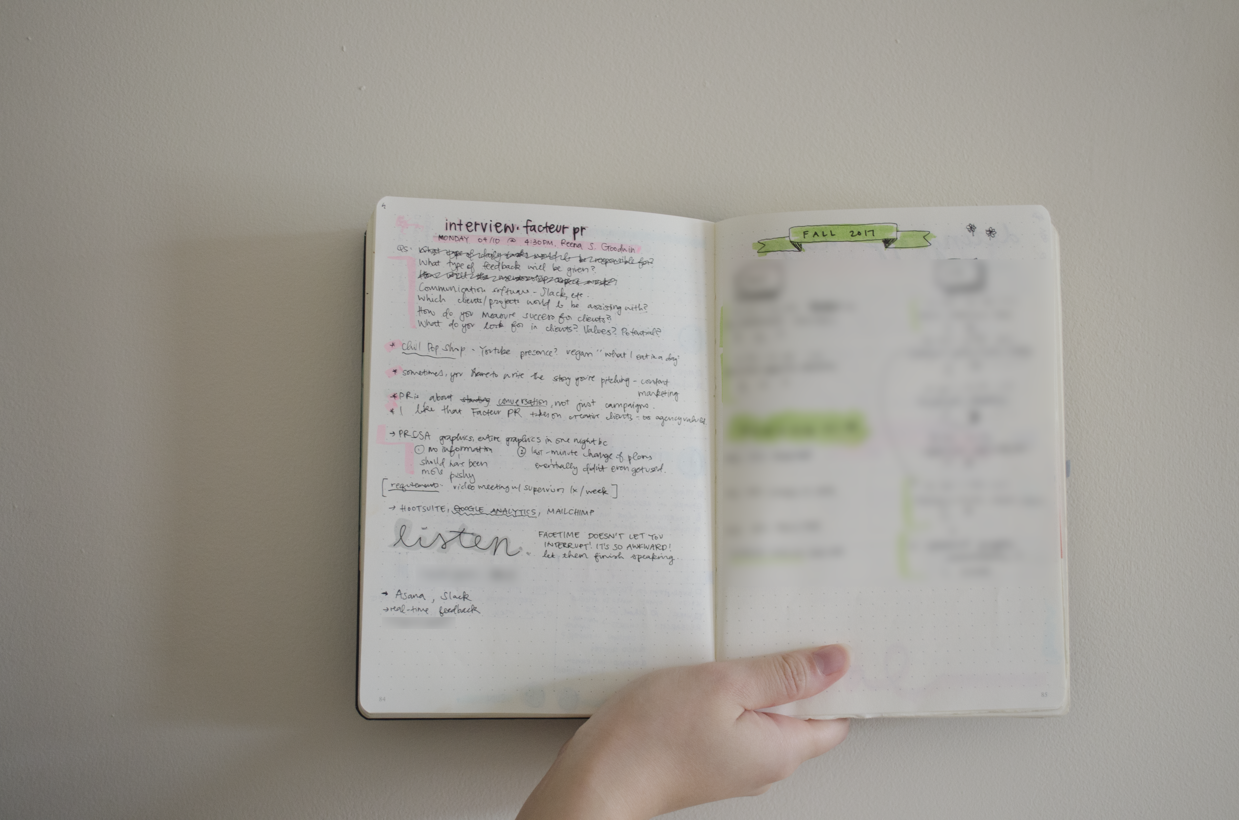 Julie's handwritten notes from her facetime interview. (Photo: Julie hong)
