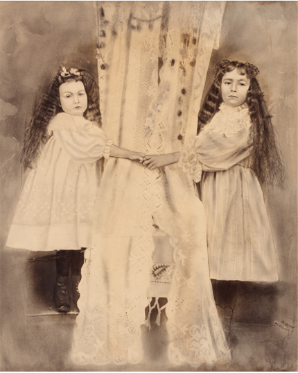 American Unidentifyed, Girls With Drape, c. 1860, hand colored gelatin silver print, 30 x 24 inch. 