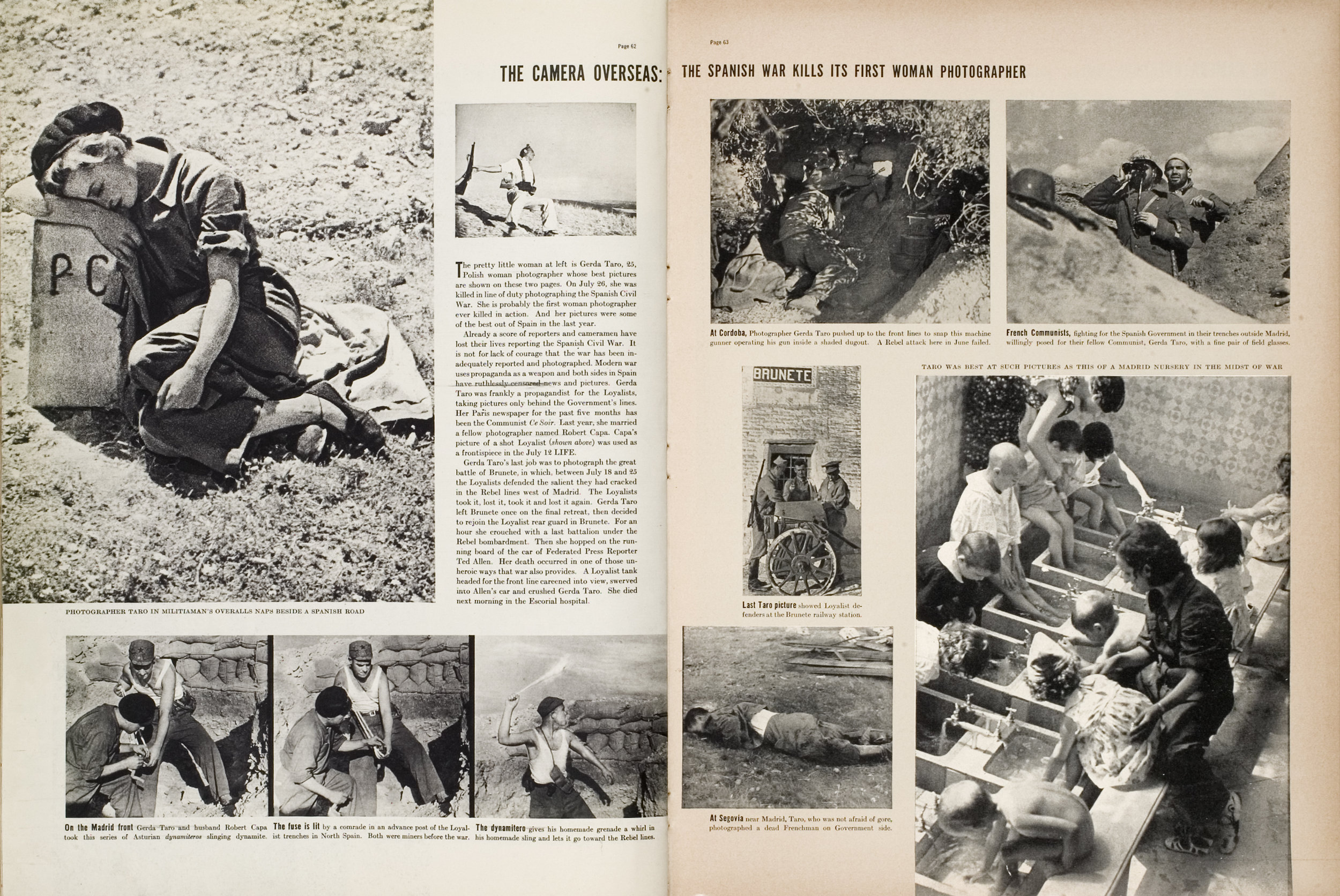 Life, August 16, 1937, pp. 62-63. Featuring photographs by Gerda Taro and Robert Capa. Photo © Robert Capa, courtesy International Center of Photography