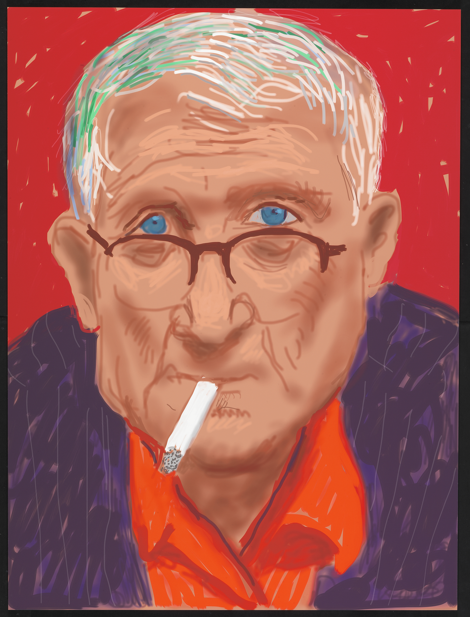 David Hockney “Self Portrait, 20 March 2012 (1219)” iPad drawing printed on paper, mounted on Dibond Exhibition Proof 32 x 24” © David Hockney.