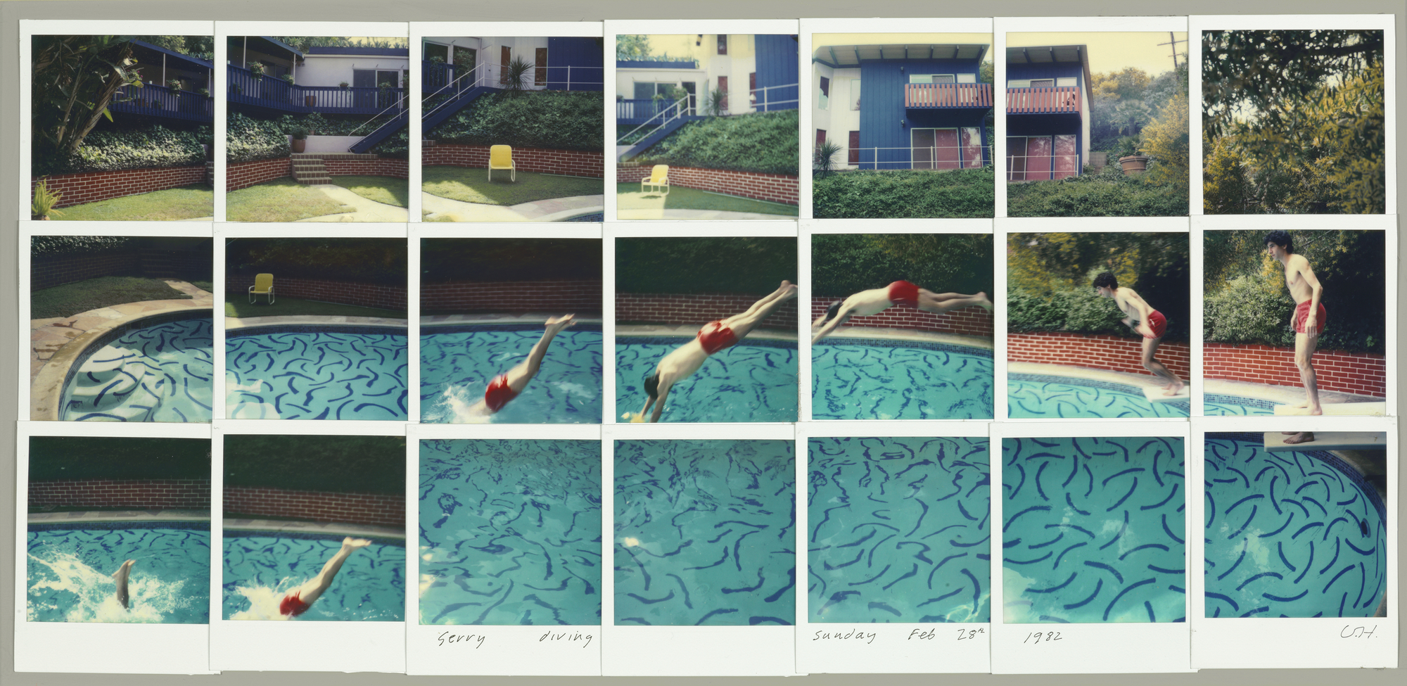 David Hockney "Jerry Diving Sunday Feb. 28th 1982" Composite polaroid 10 1/2 x 24 1/2" © David Hockney. Photo Credit: Richard Schmidt