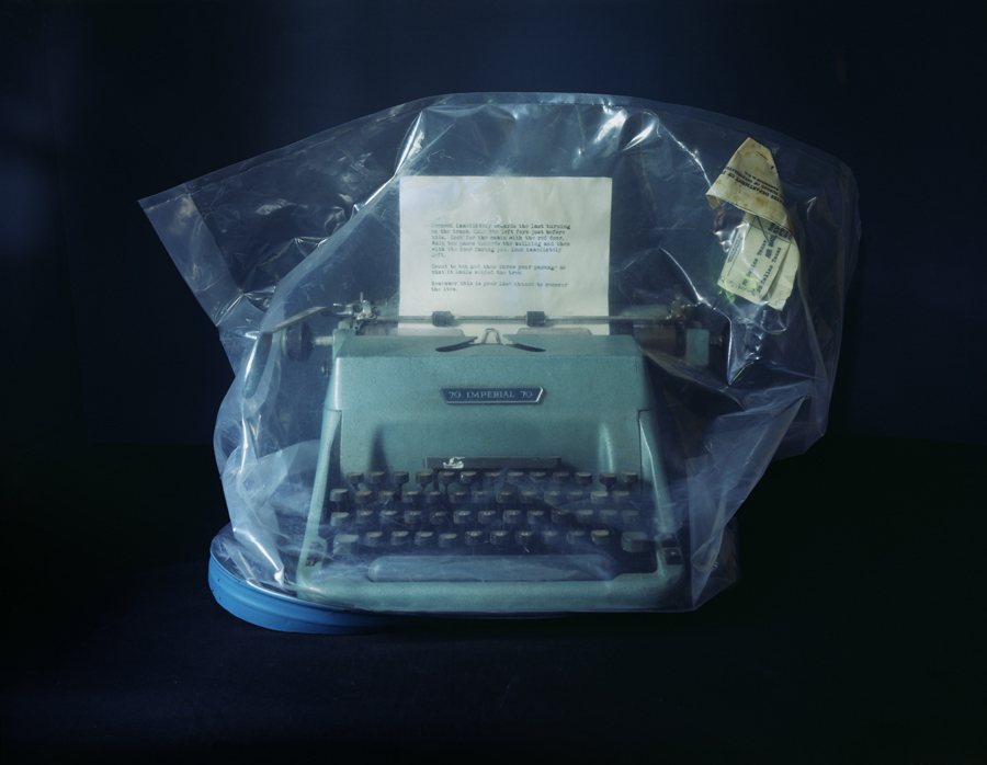 Evidence- article 5, ransom note and typewriter recovered from a furniture warehouse basement, Texas, USA. Annabel Elgar, 2014