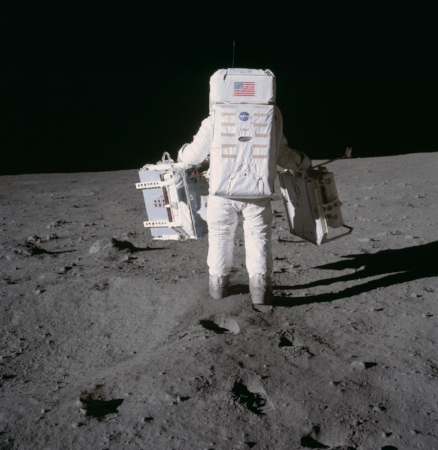 " Astronaut Edwin Aldrin prepares to deploy EASEP on surface of moon " Image courtesy of NASA
