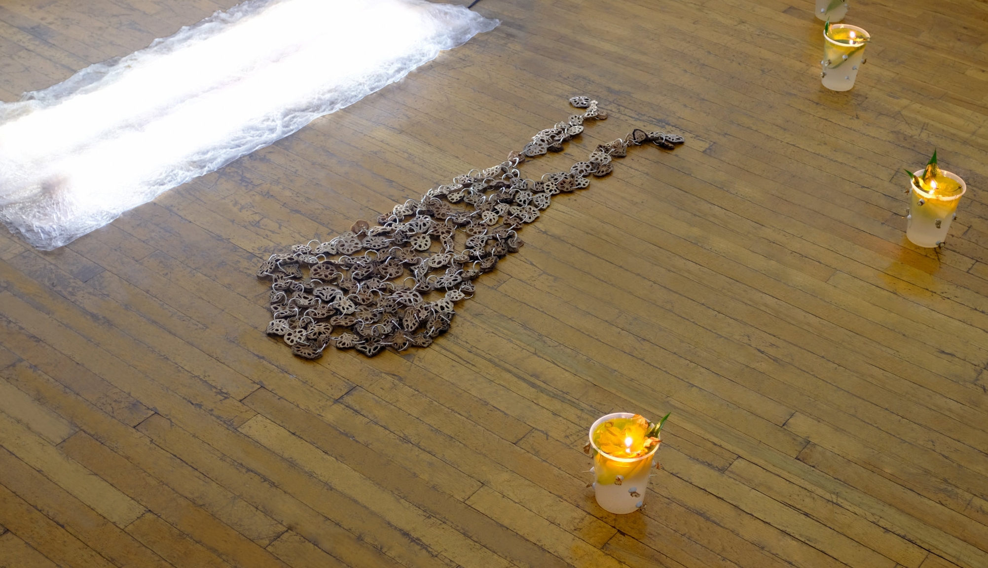 Catalina Ouyang, Untitled, 2018, Dehydrated lotus root, binder rings, saran wrap, fluorescent lights, takeout containers, epoxy clay, ginger, water, lilies, olive oil, beeswax, cotton twine, beach pebbles, Dimensions variable. Courtesy of Selena and the artist. 