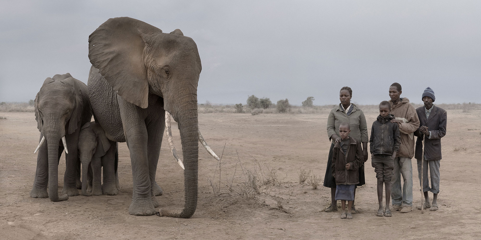 Elephant & Human Family. © Nick Brandt