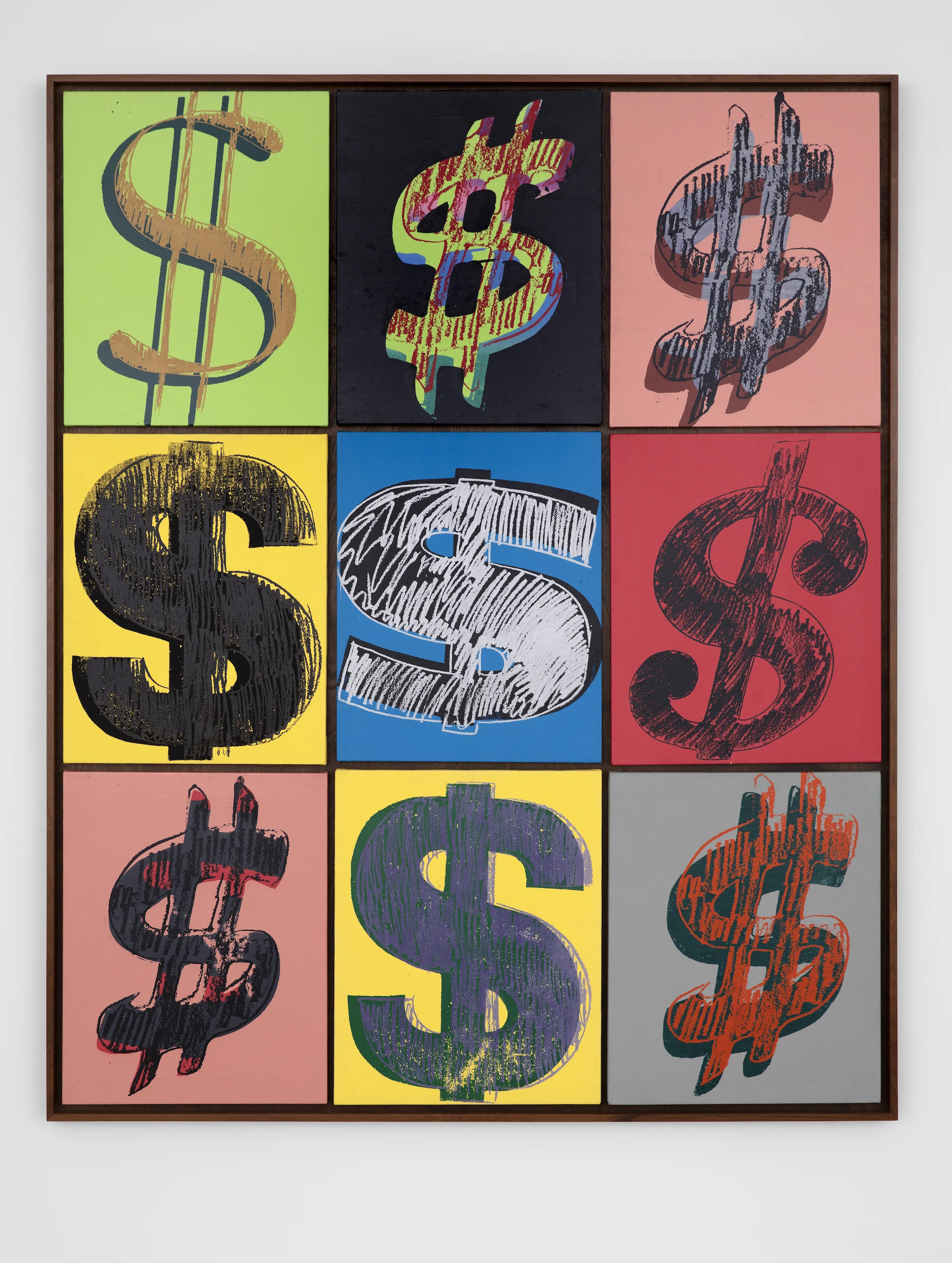 ANDY WARHOL, Dollar Signs , c. 1981. Acrylic and silkscreen on canvas. 62 3/4 x 51 inches. AW81.007 ©2019 The Andy Warhol Foundation for the Visual Arts, Inc. / Licensed by American Rights Society (ARS), New York. ©The Estate of Jean-Michel Basquiat / ADAGP, Paris/ ARS, New York 2019.