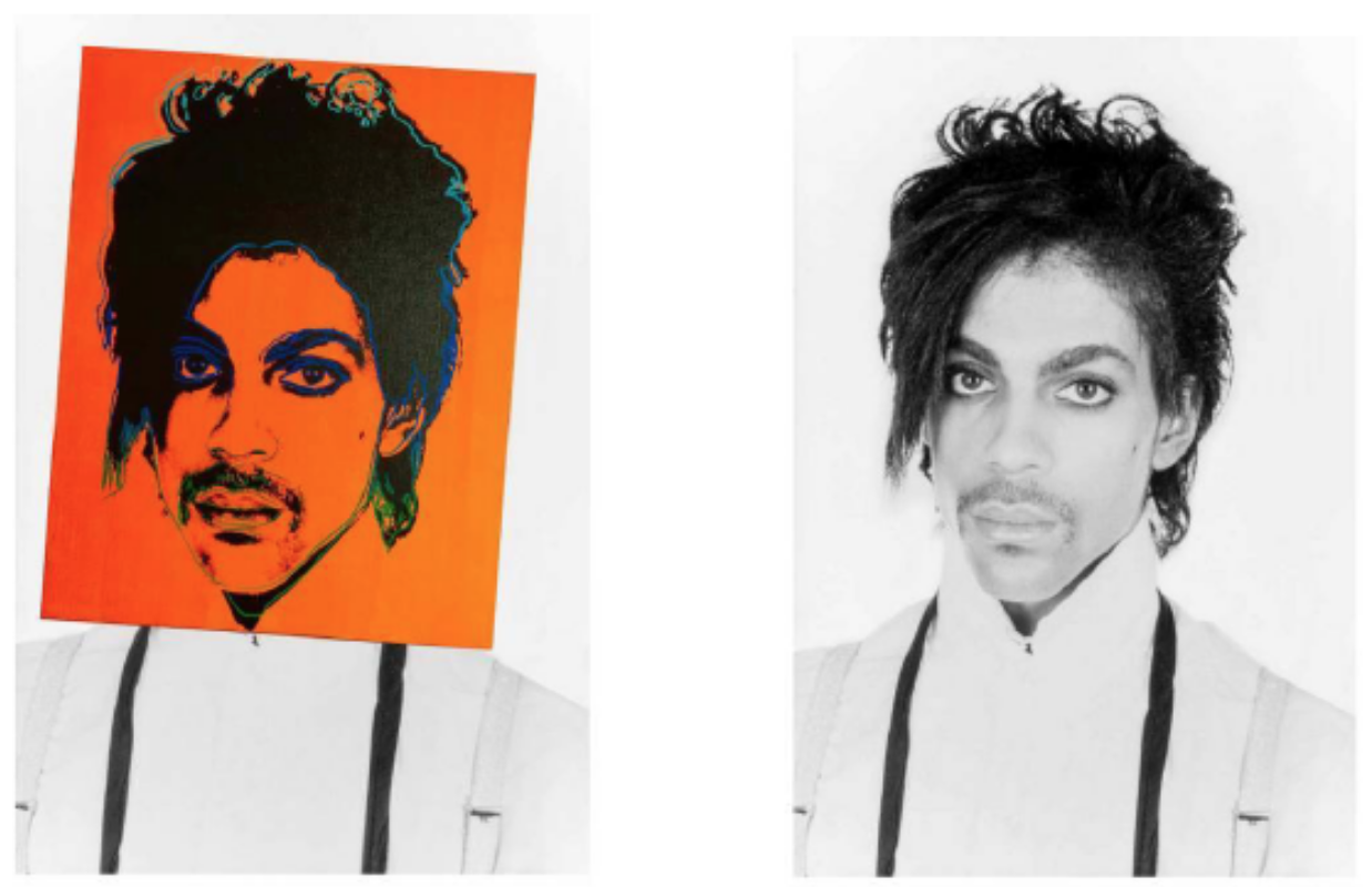 Andy Warhol’s Prince portrait overlaid on top of the original Lynn Goldsmith photograph of the musician, as reproduced in court documents.