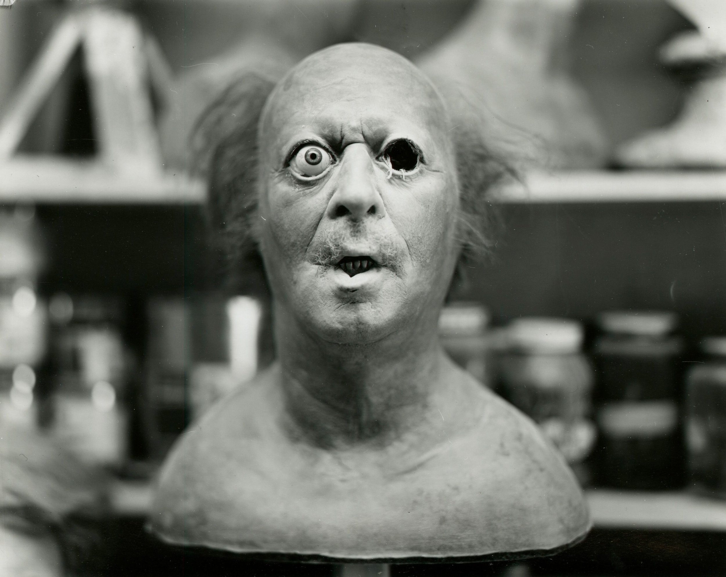  Robert Cumming,  Death Head; Feature Film, “Jaws”. Make-up Lab. May 13, 1977 , Vintage gelatin silver contact print, signature stamp on verso, 8” x 10” print, mat &amp; frame 14” x 18”, Edition of 3 