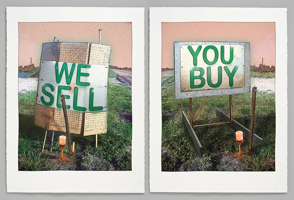 Image info; Randy Bolton, 2013, We Sell + You Buy, 2-panel screen print on Rives BFK, 30" x 22" (each panel).