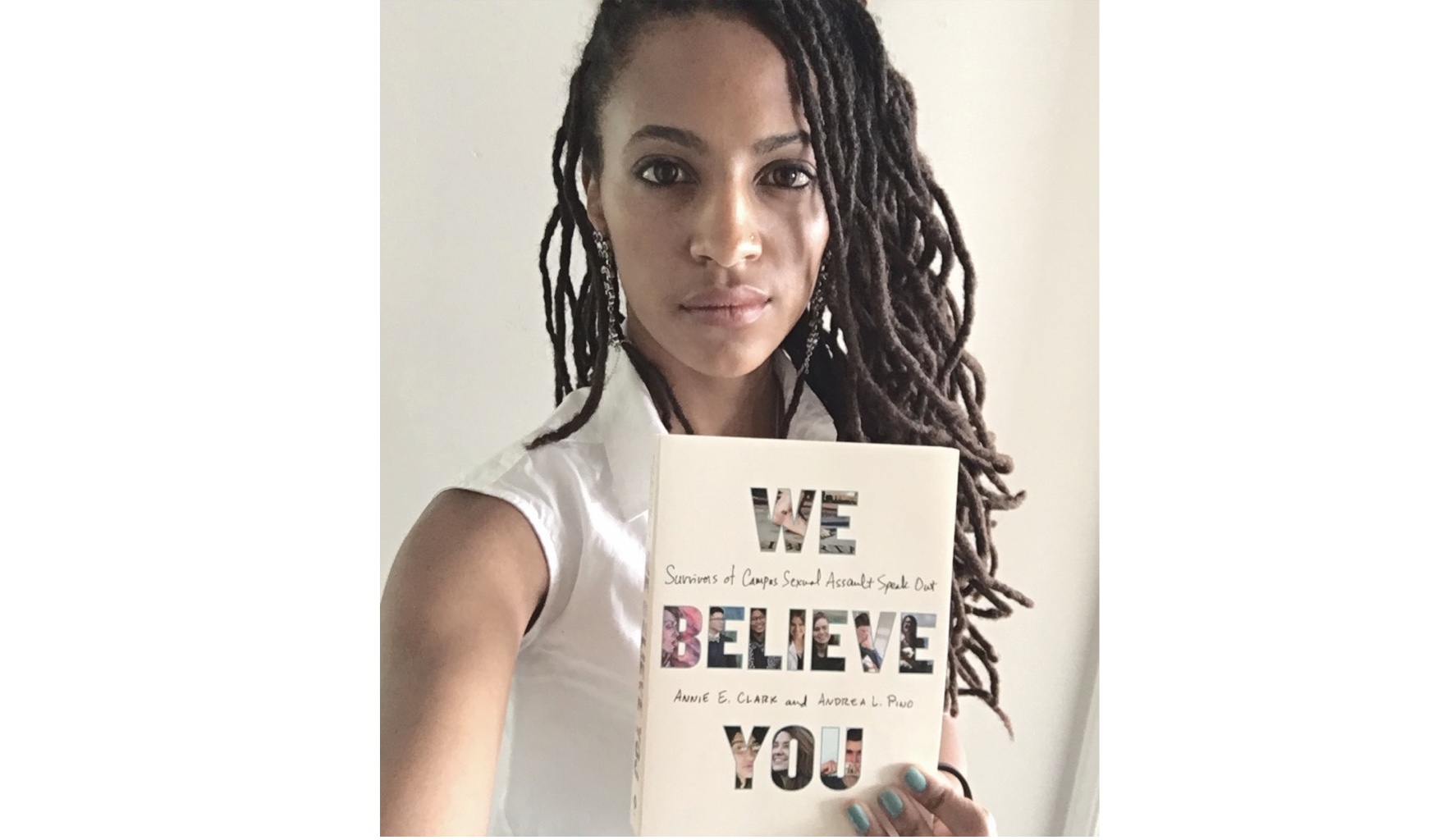  Kamilah with a copy of the book   We Believe You : Survivors of Campus Sexual Assault Speak Out.  