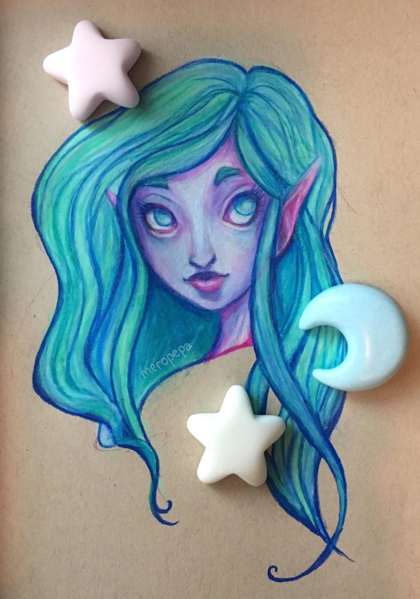 "Water Nymph" | Prismacolor colored pencils on tan-toned Strathmore paper | Decorative stars and moon were hand cast in plastic