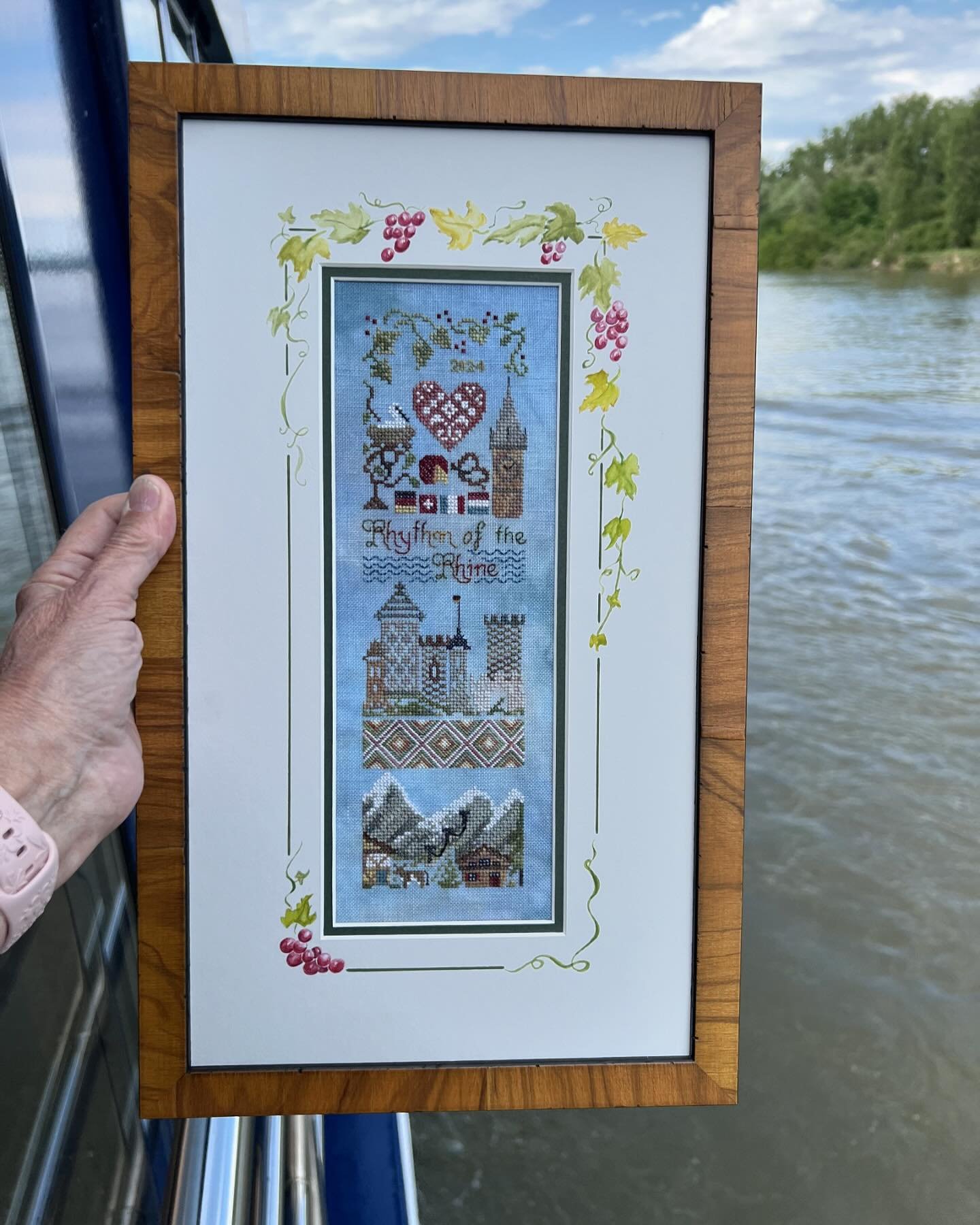 This is our piece for the trip, Rhythm of the Rhine, depicting all the places we&rsquo;ve been. I&rsquo;m amazed at how fast some stitchers are!!!!! Fabulous! #jeannettedouglasdesigns #jeannettedouglas #amawaterwayscruise #rhinerivercruise #jddtravel