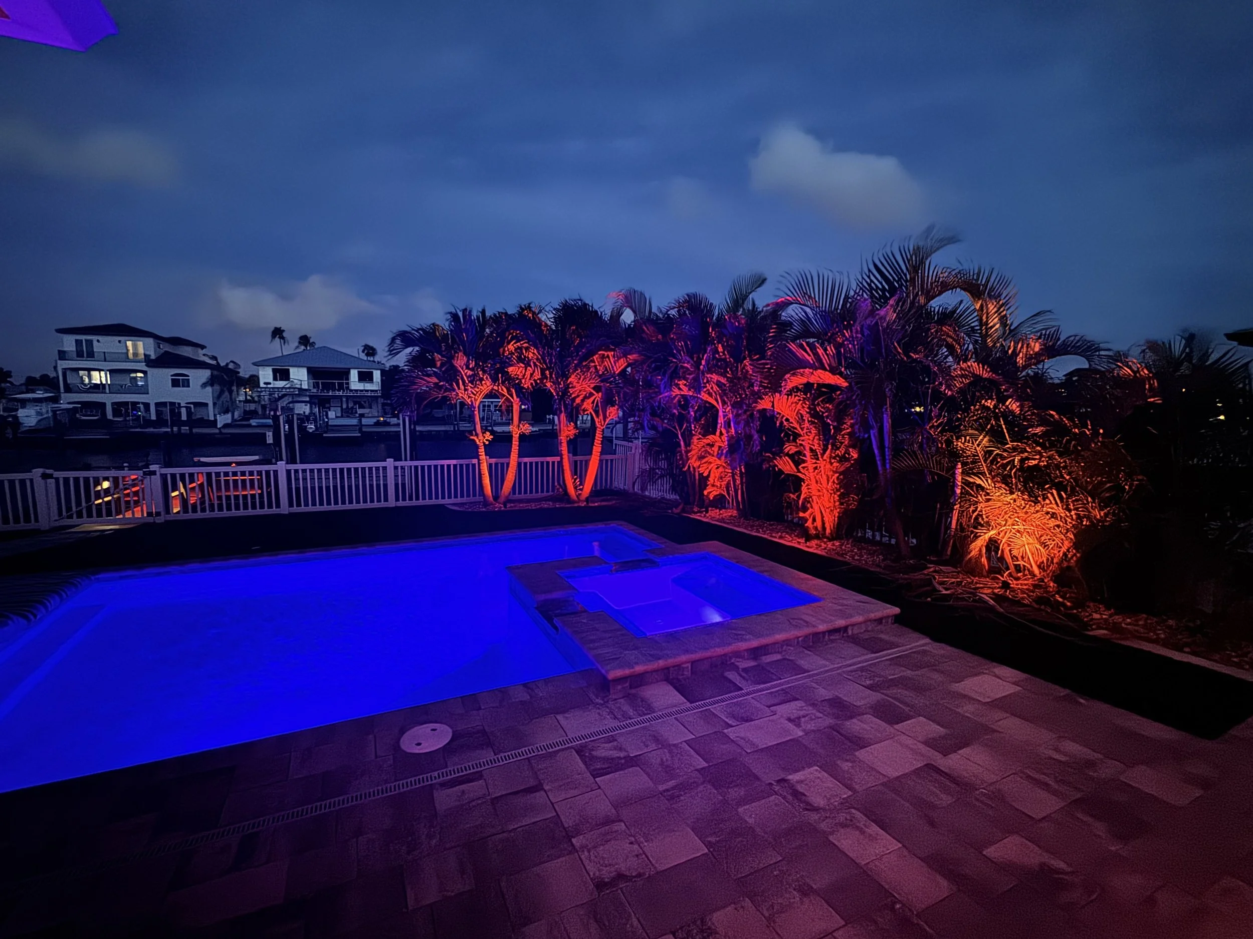 Backyard Deck with Pool, Hot Tub and Uplighting in Madeira Beach