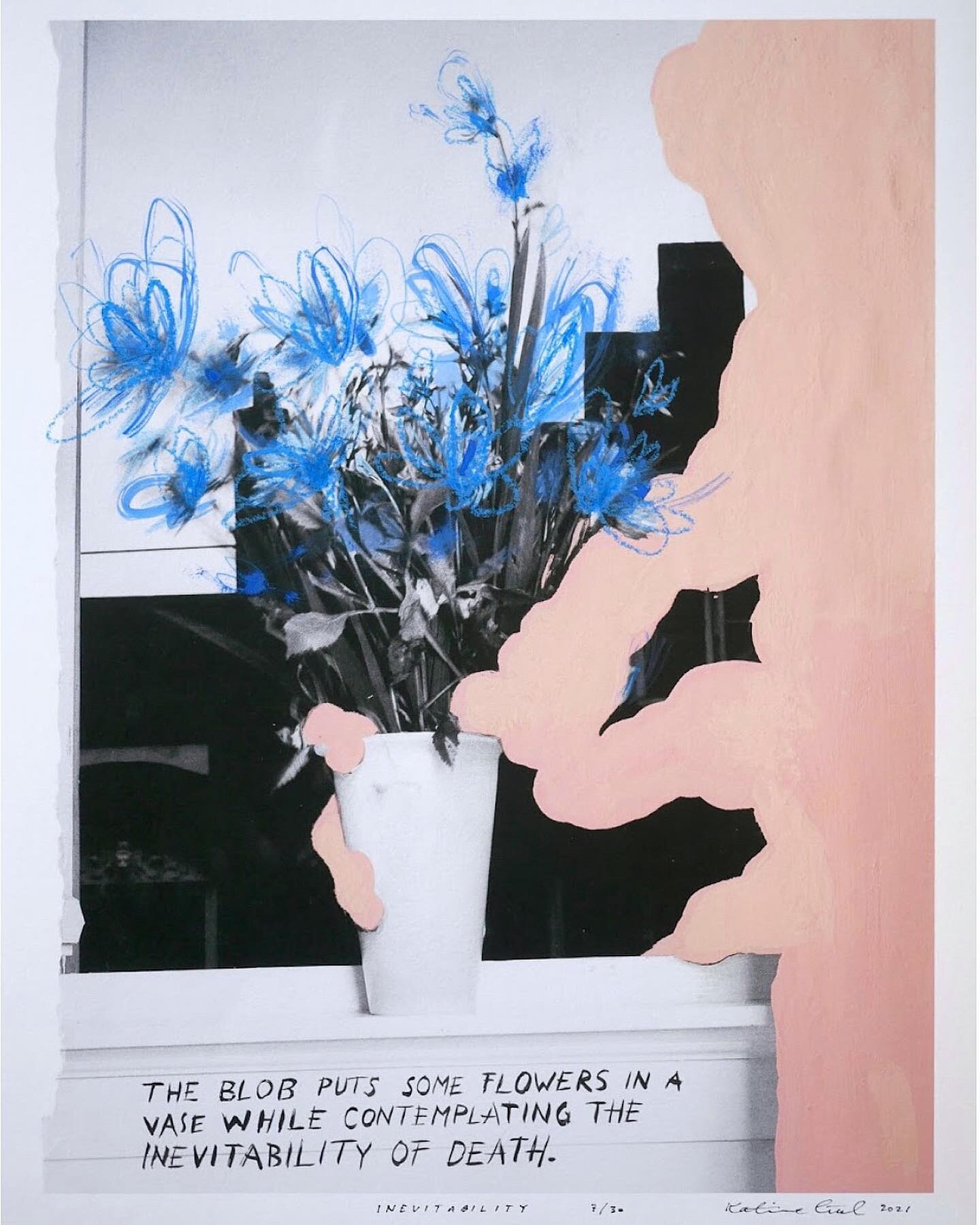 (The Blob puts some flowers in a vase while contemplating the) INEVITABILITY (of death.) 🌷

These works are the results of a long process &mdash; from a discarded book on dutch interior design from @khiobiblioteket , pages ripped out and painted, as