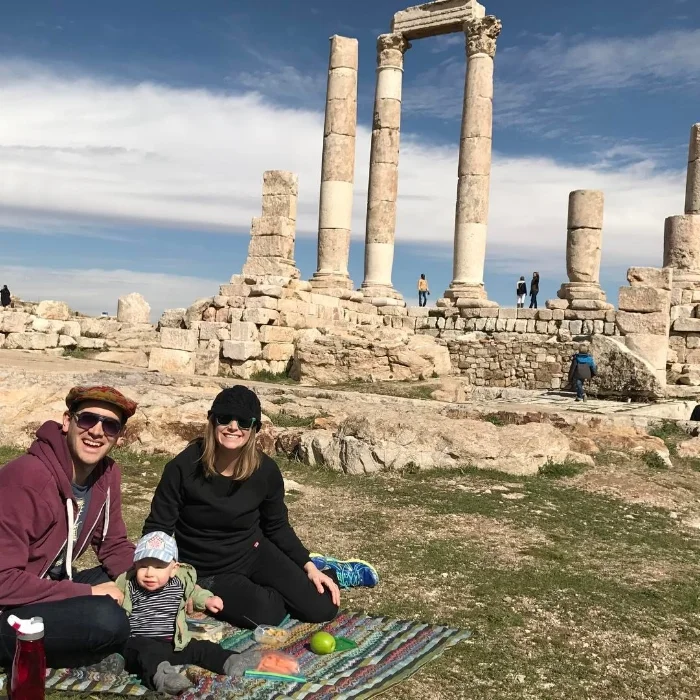 A family picnic by the Temple of Hercules at the Amman Citadel, up high and overlooking the city of Amman. The Citadel, one of the world's world's oldest continuously inhabited places, dates back to 1650 BC and has seen many civilizations come and go. It has seen the many changes over centuries as Amman grew from a small village to the city of 4.5 million people it is today. We love Amman!