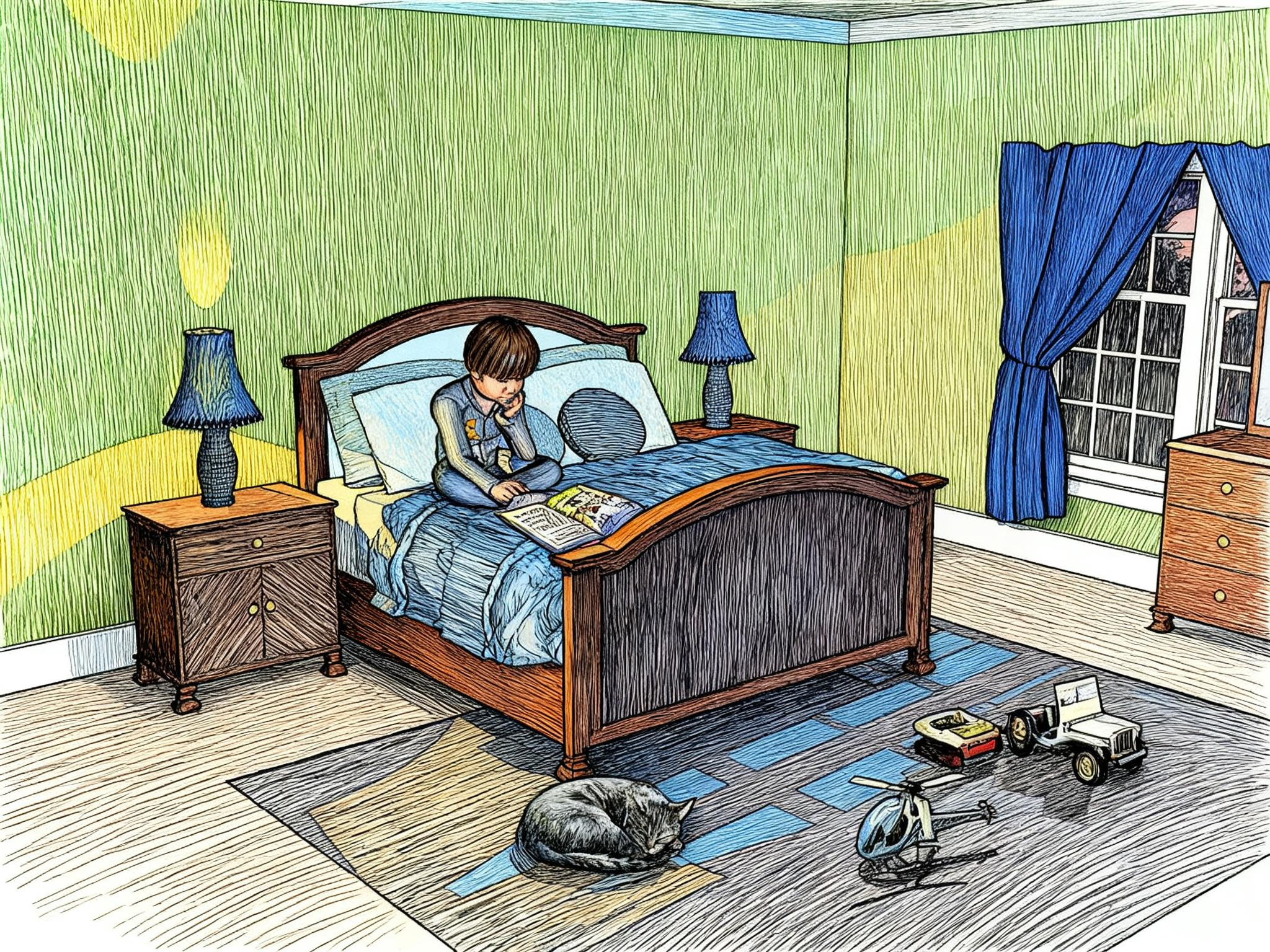 PJs at School Day: Set 8--David reading in bed