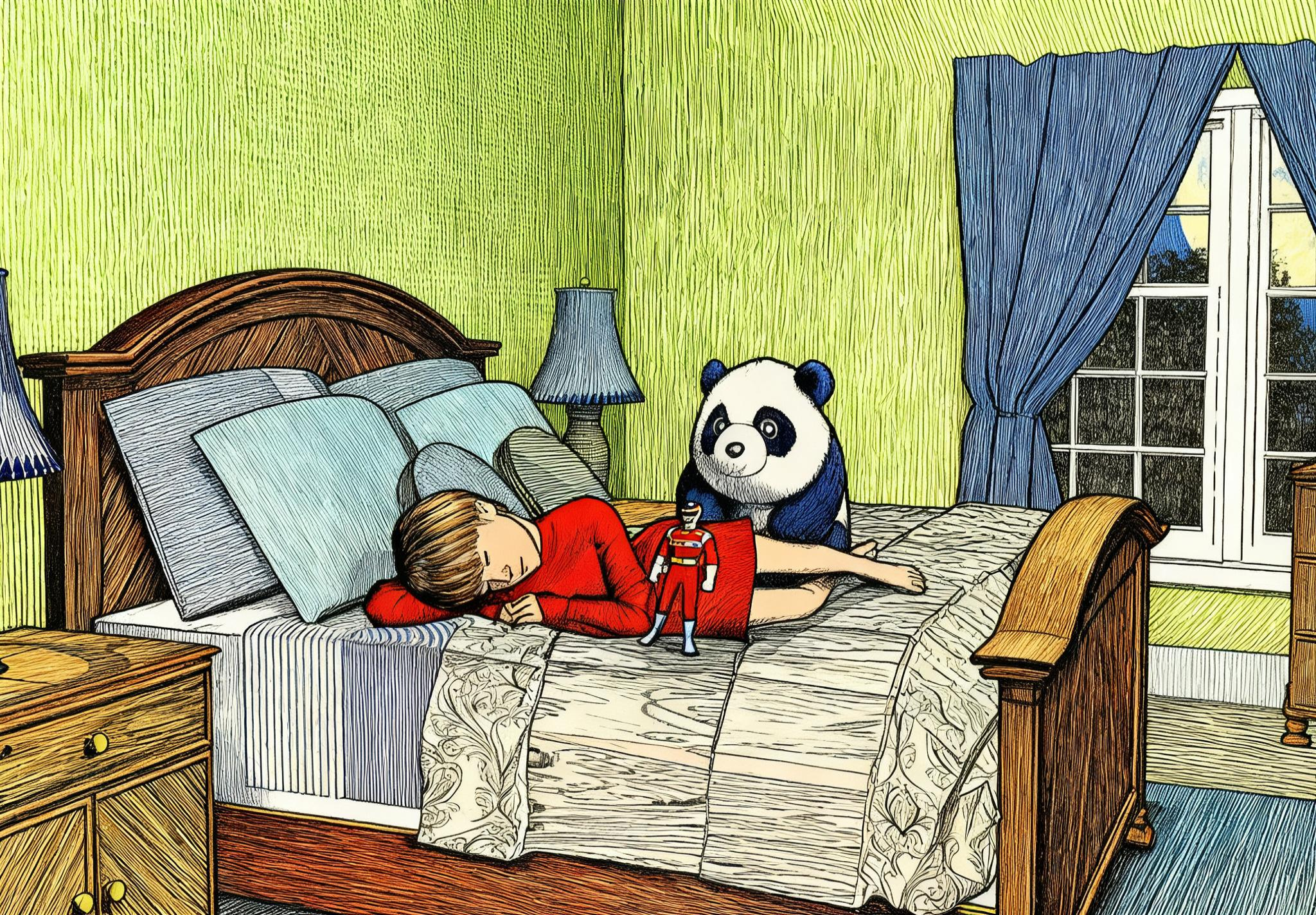 PJs at School Day:  Set 6--David in Red Shirt--Asleep in Bed