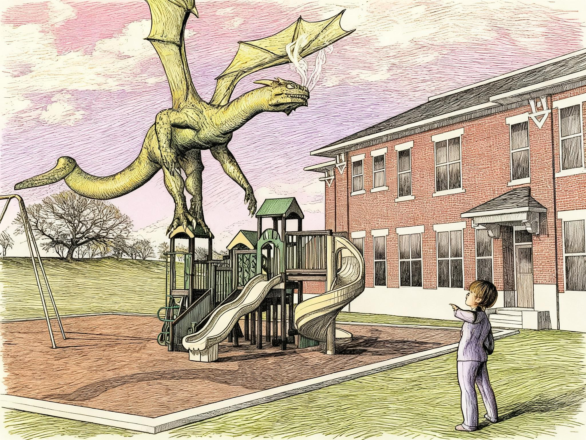 PJs at School Day:  Set 8--David on playground fighting a dragon