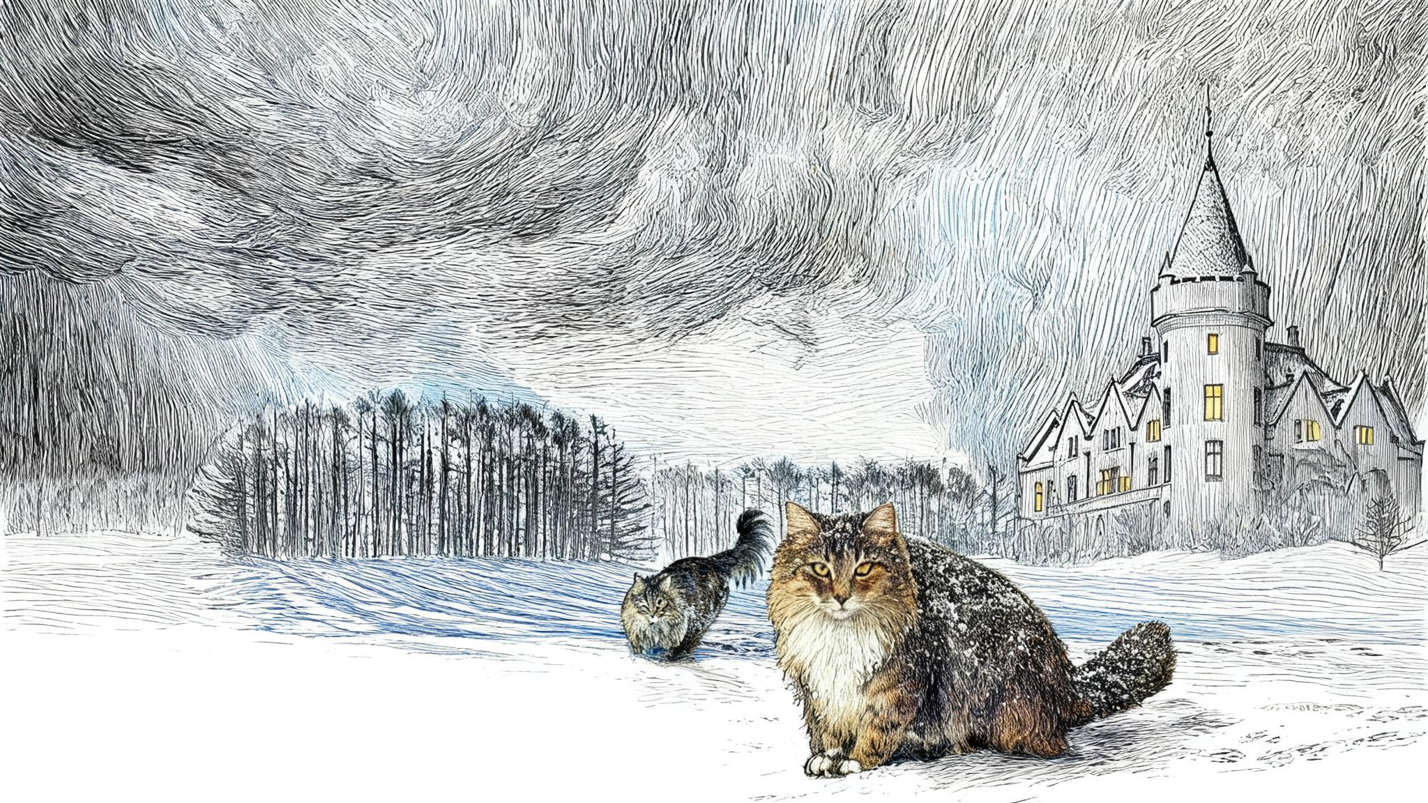 Norweigian Forest Cat Snow Scene