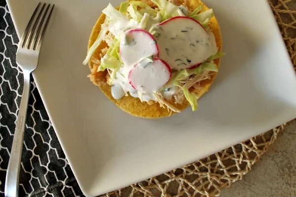 Chicken Tostadas with Cilantro and Lime Crema.