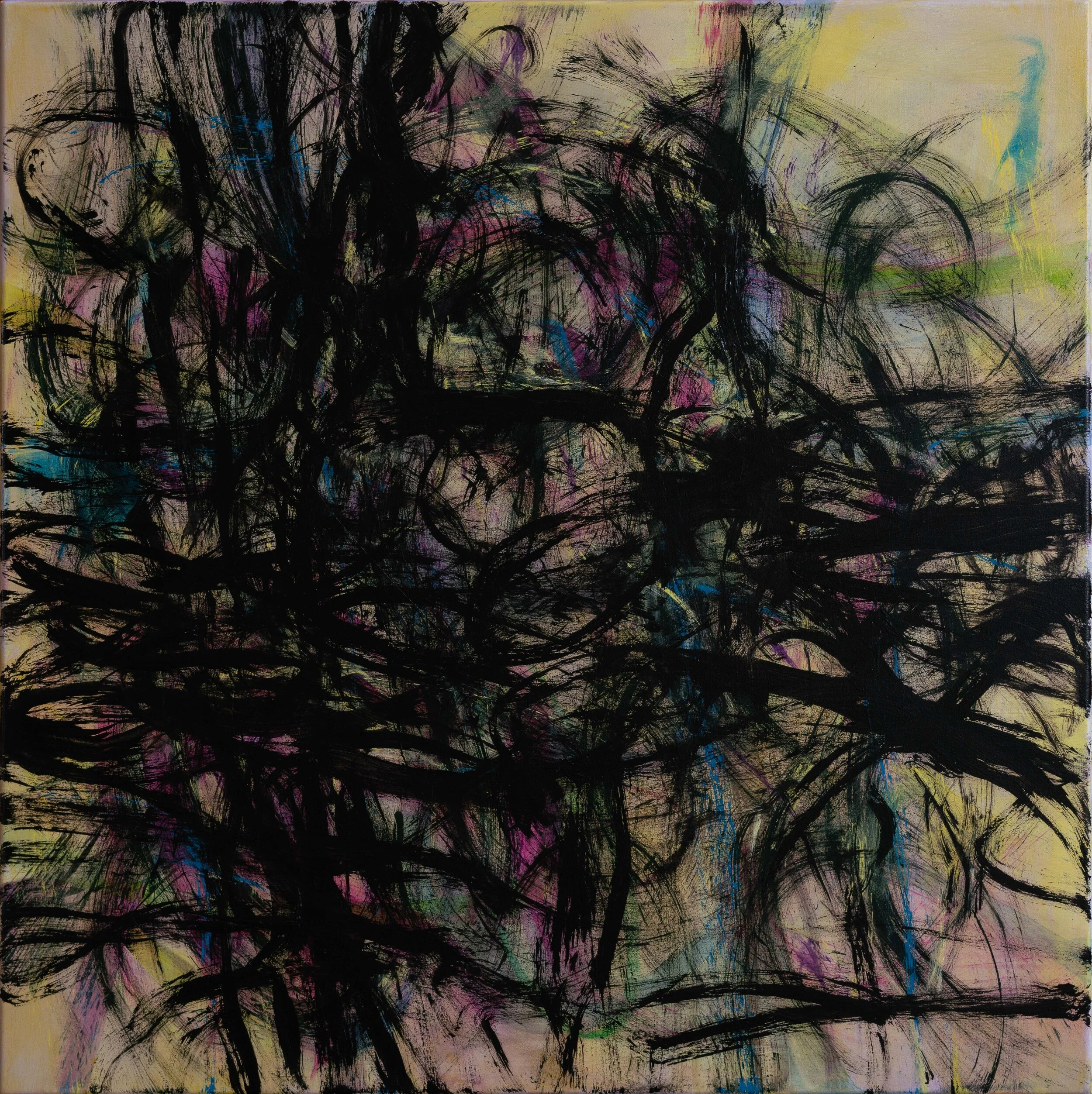 Messy, chaotic infestation, 75cm W x 75 cm H x 3.5cm D, acrylics on canvas