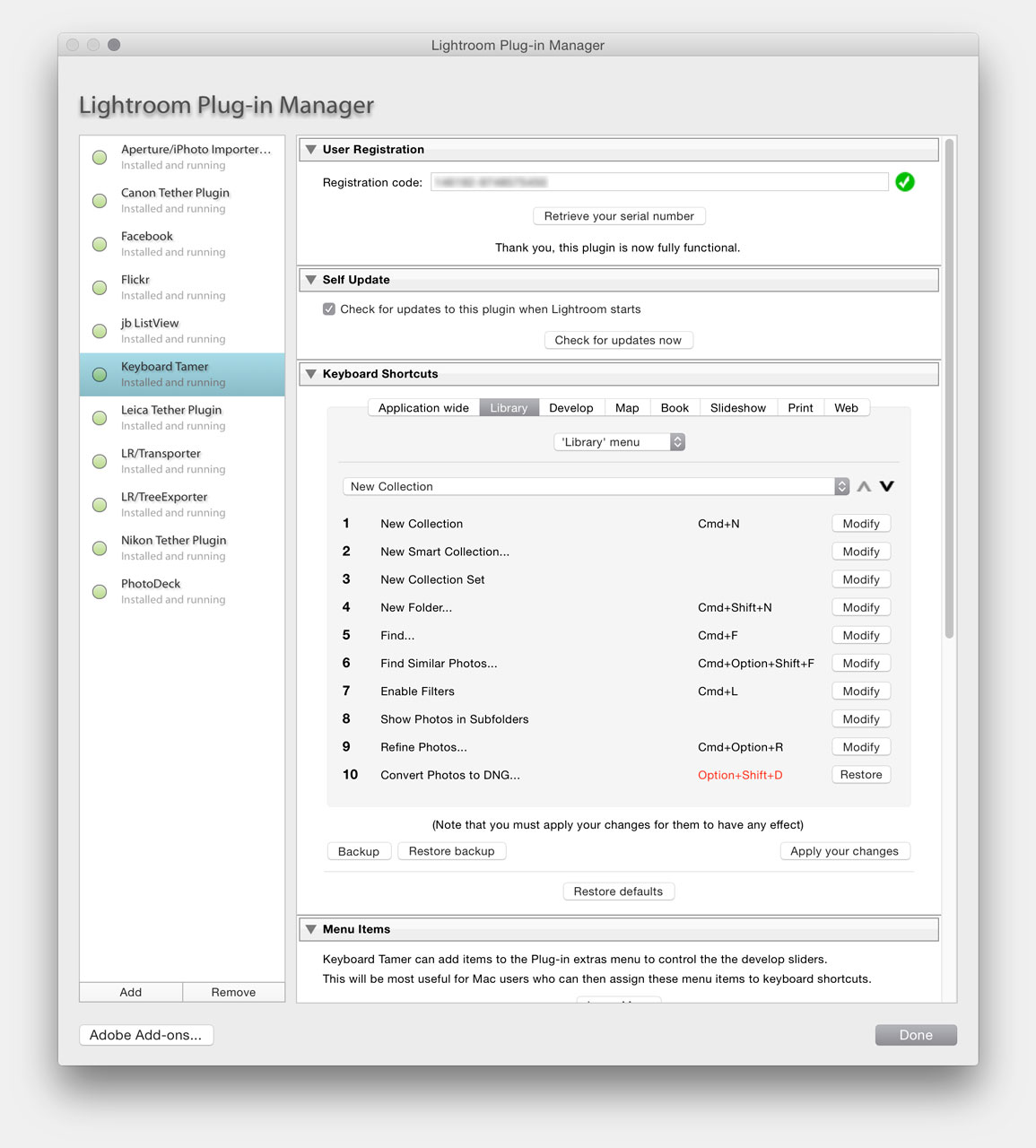 The plugin allows you to create your own shortcuts, as shown here with Option+Shift+D being used to convert photos to DNG.