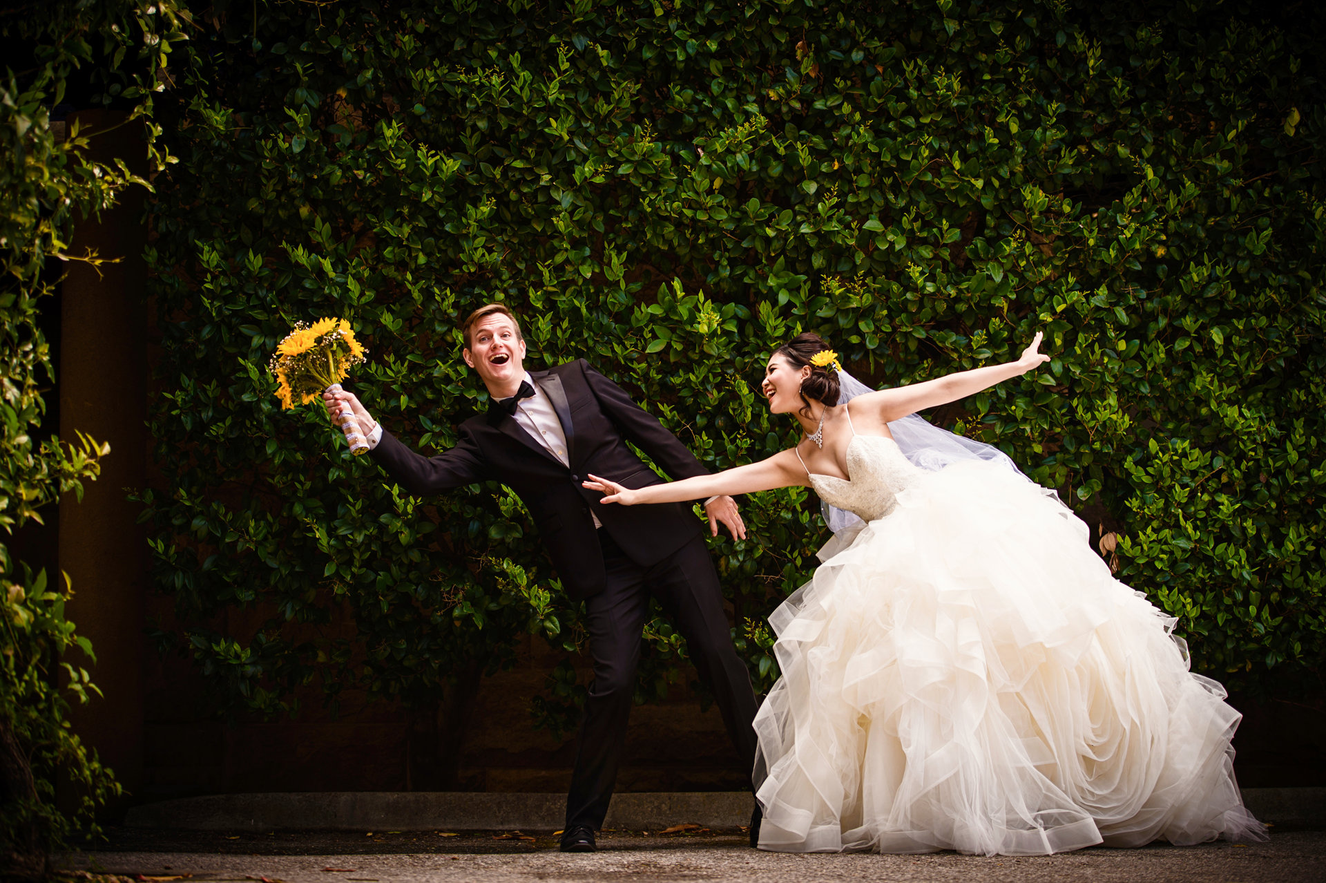 Bride and groom having fun at Stanford University - wedding