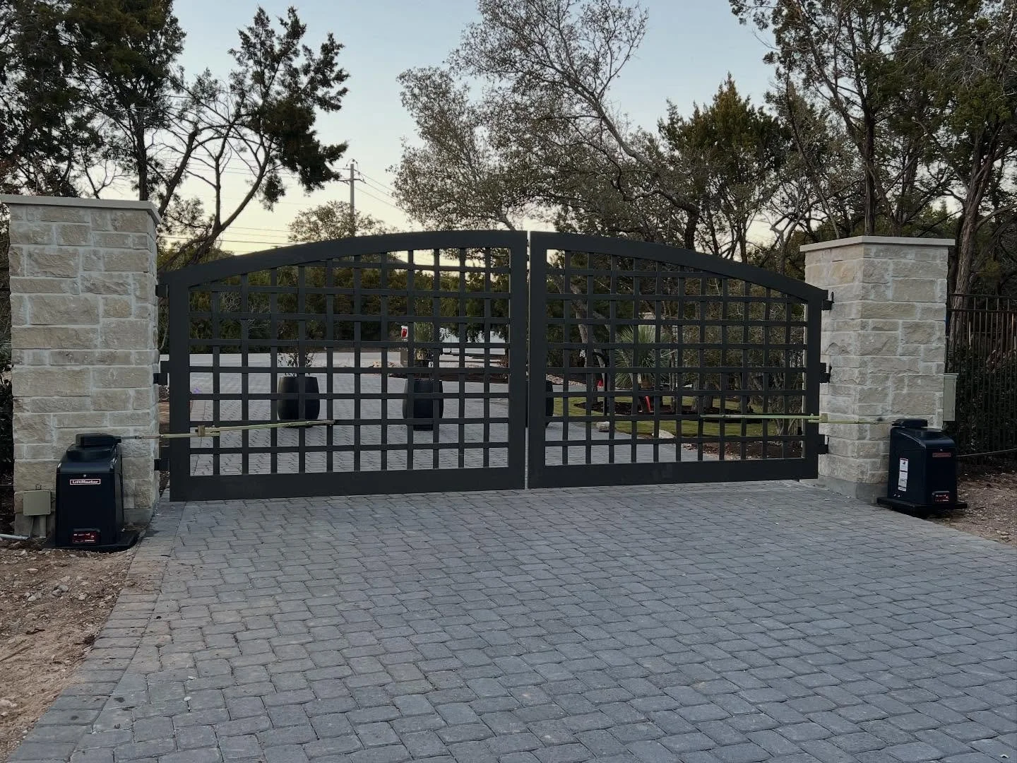 Residential project featuring Liftmaster CSW24UL Commercial Gate Operators and an AES CellCom Prime7 callbox.  These heavy duty operators have a 7 Year Manufacturer Warranty when used in a residential setting.  #liftmaster  #callbox  #construction #b