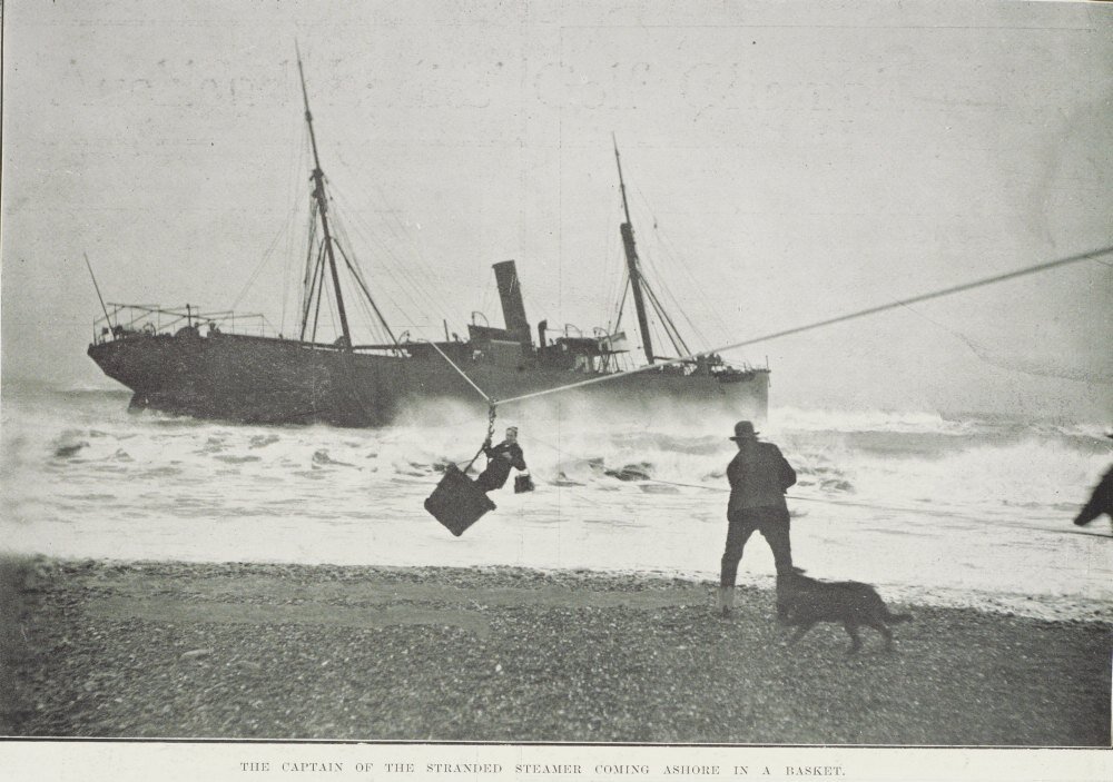 The Captain of a Stranded Steamer coming ashore.. ' Sir George Grey Special Collections, Auckland Libraries, NZG-19100713-28-1 