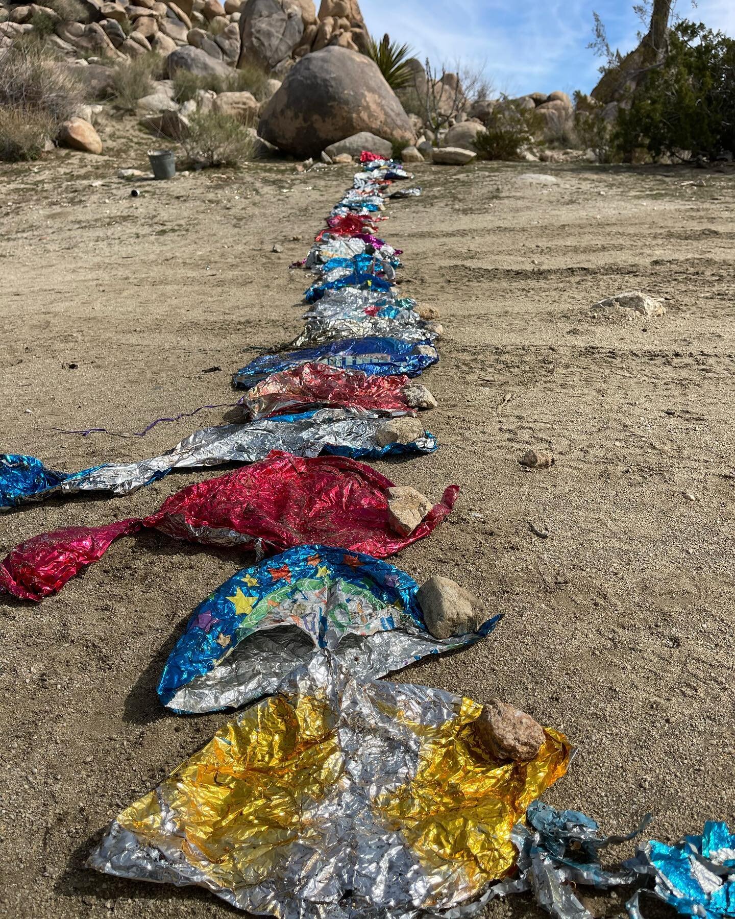 One year&rsquo;s worth of mylar balloons found while hiking in the desert by one person. 33! Friends don&rsquo;t let friends buy Mylar. They are terrible for the environment and both marine and terrestrial animals mistake them for food. &hearts;️🌍🐢