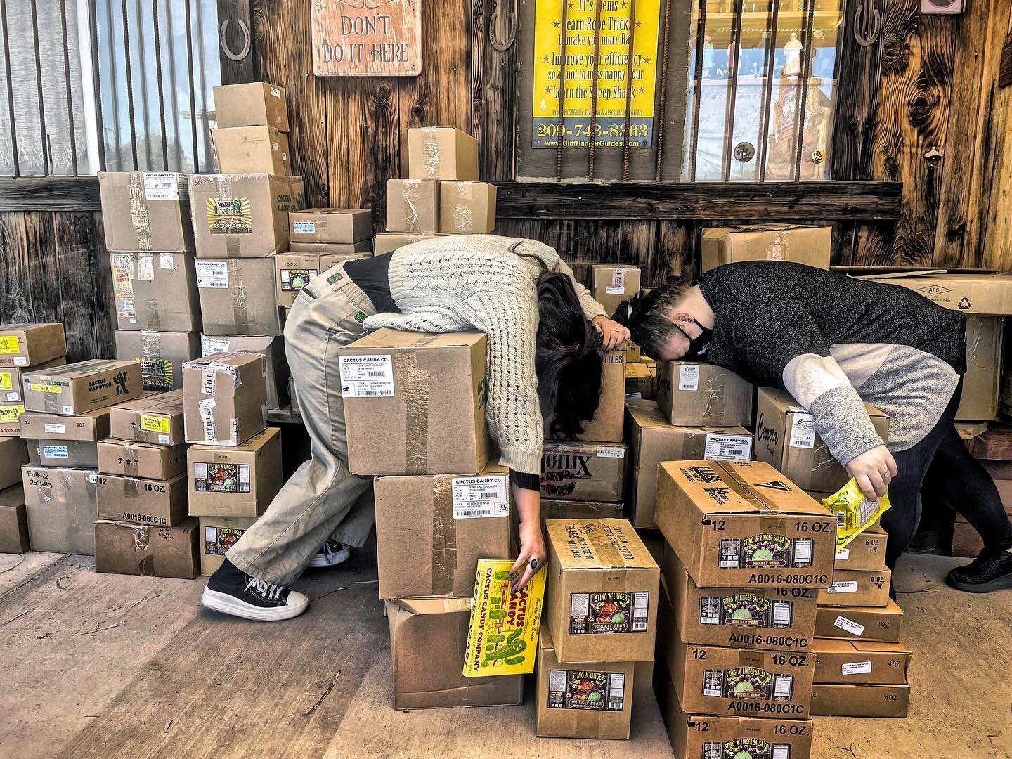 Inventory overload!  Don&rsquo;t be fooled, they are faking it. Court and @lesslerz @chloe.hermanson rocked them boxes! #joshuatree #bestemployees #harddayattheoffice #faceplant