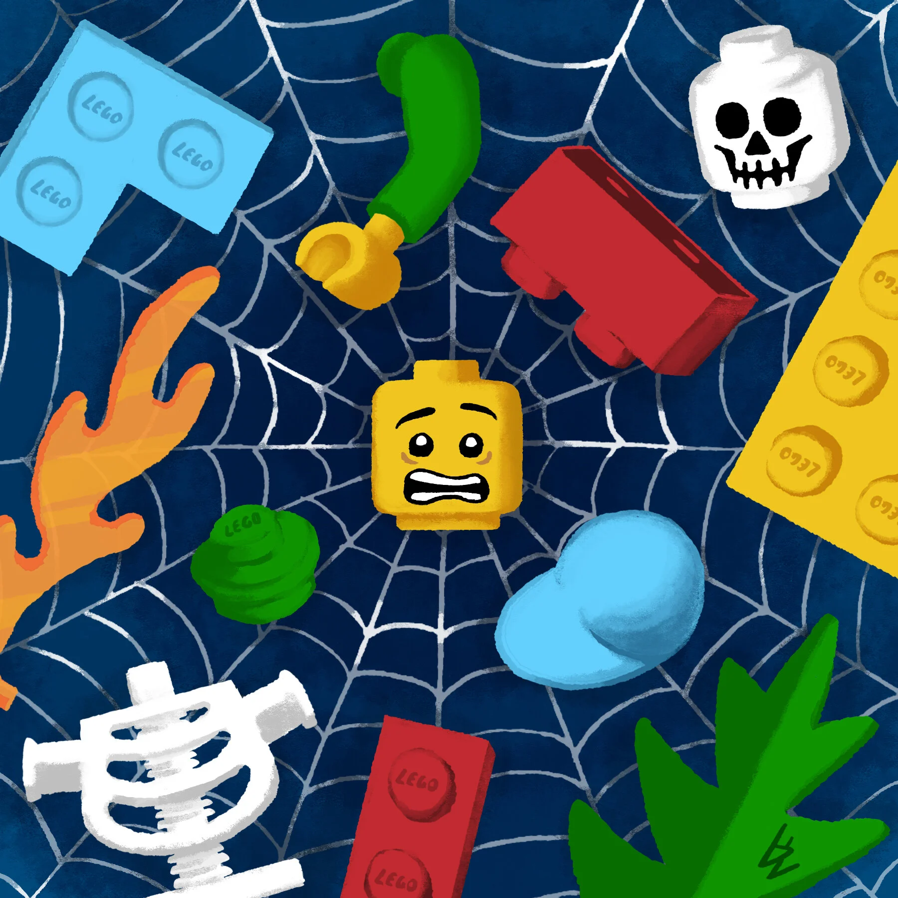 LEGO minifig head stuck in spider's web