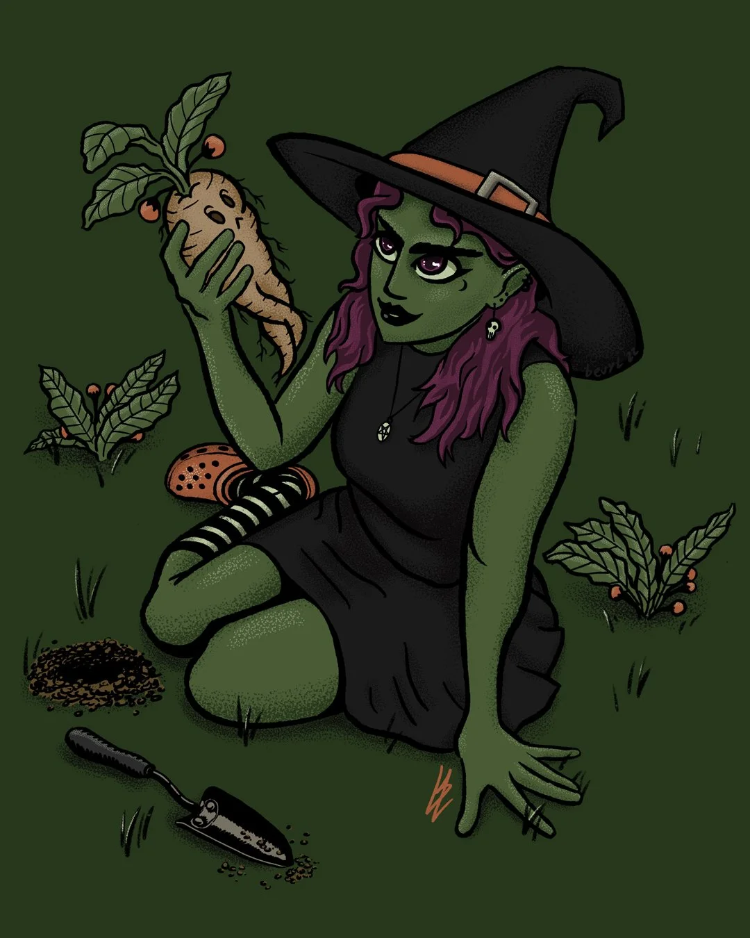 A green witch in her magick garden