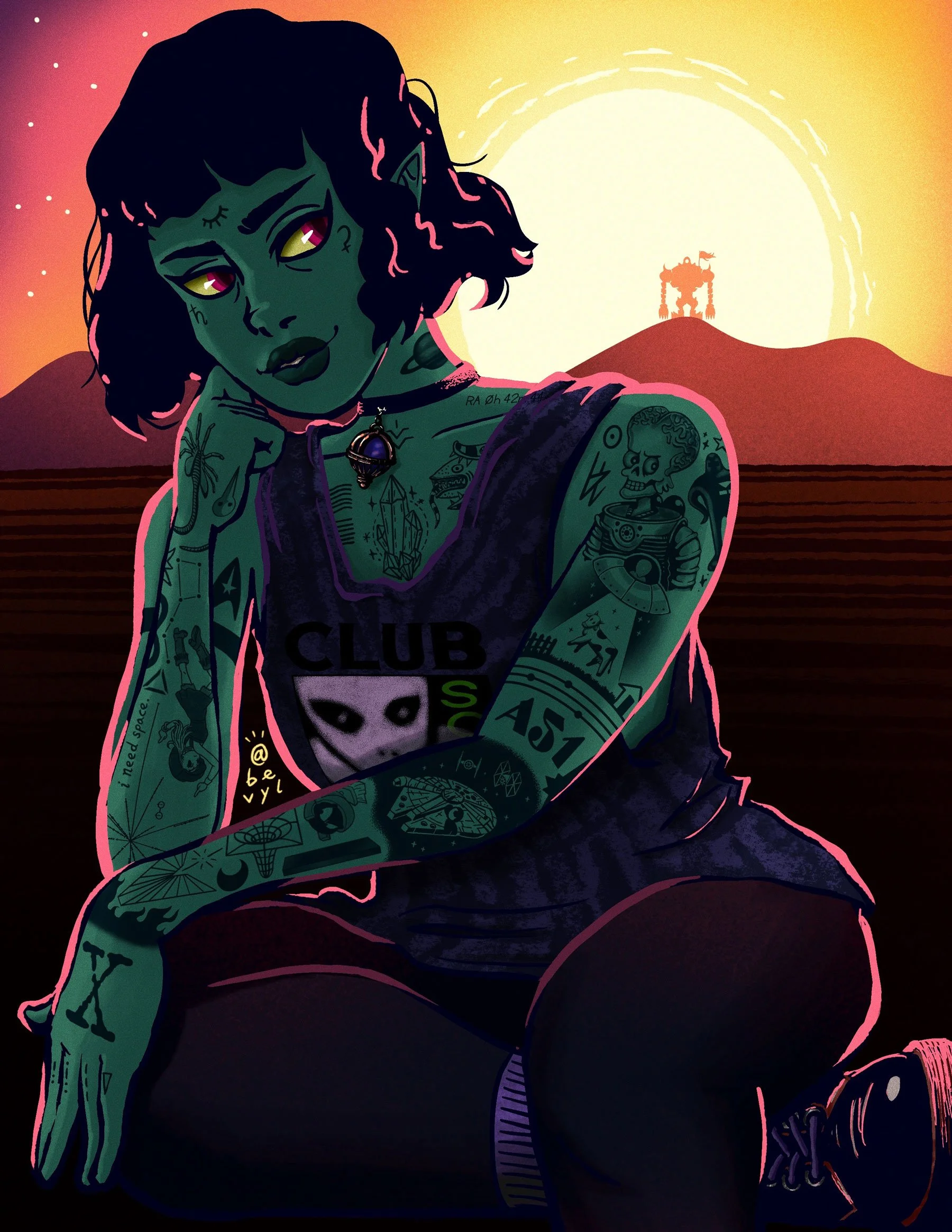 Tattooed alien femme with looming mecha