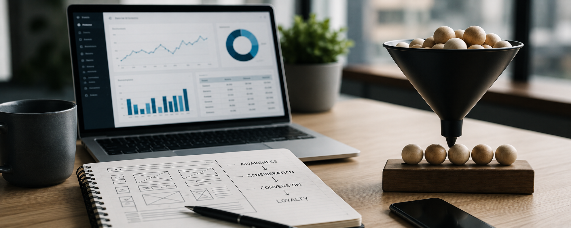marketing funnel on a modern desk