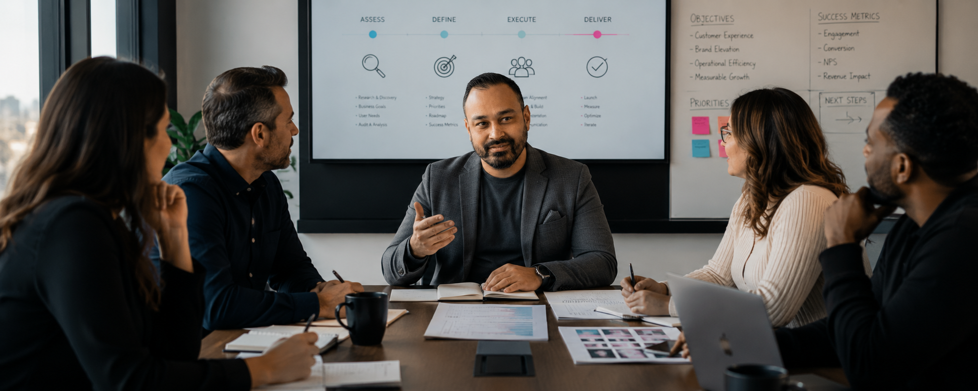 Team brainstorming in a modern conference room